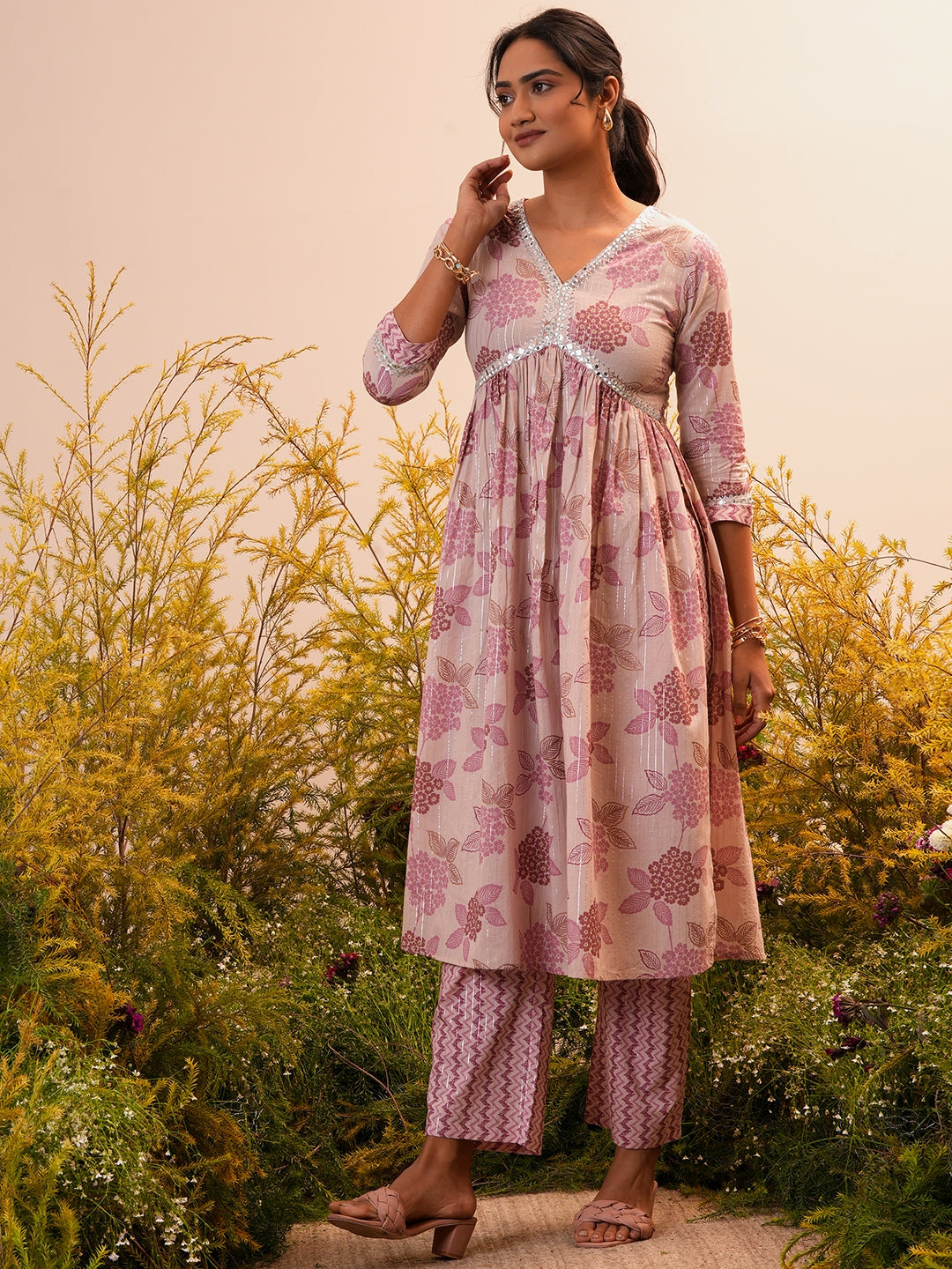 Mauve Printed Cotton A-Line Kurta With Trousers