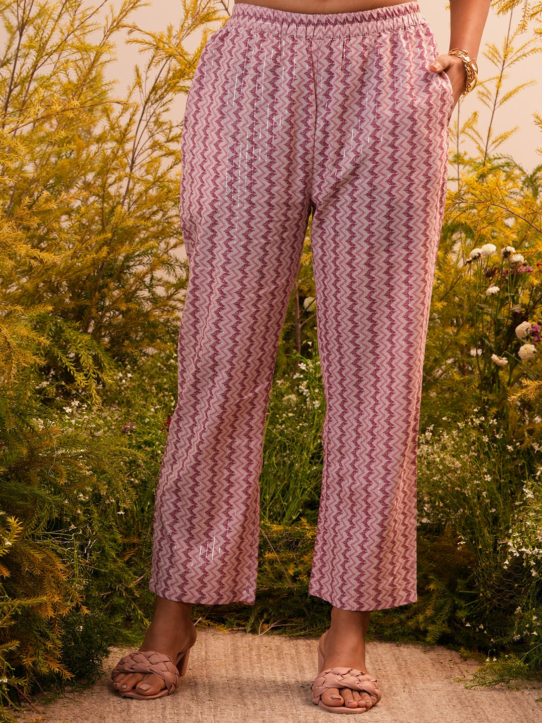 Mauve Printed Cotton A-Line Kurta With Trousers