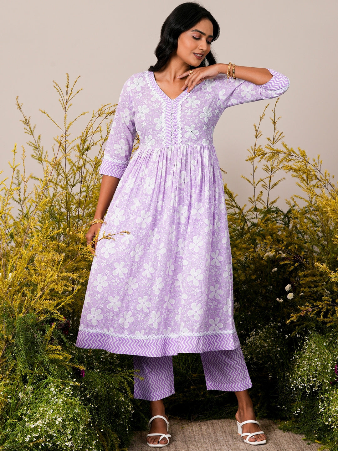 Lavender Printed Cotton Anarkali Kurta Set