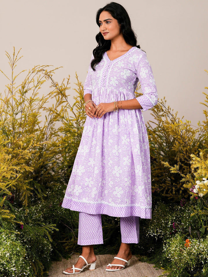 Lavender Printed Cotton Anarkali Kurta Set