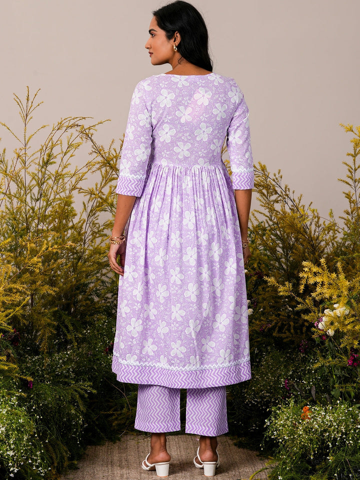 Lavender Printed Cotton Anarkali Kurta Set