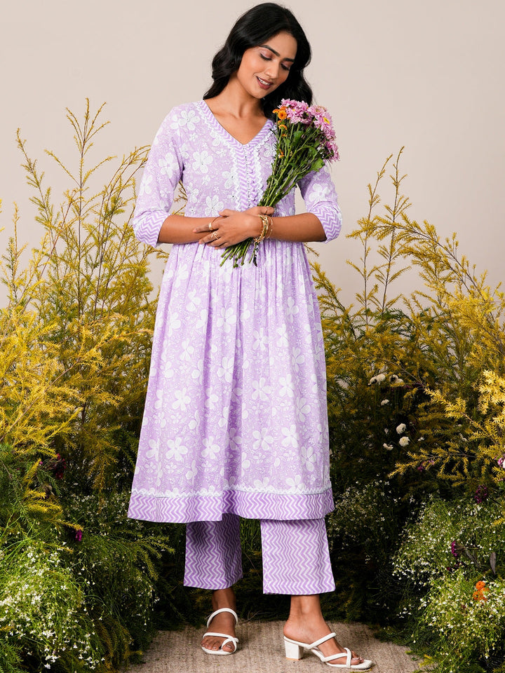 Lavender Printed Cotton Anarkali Kurta Set