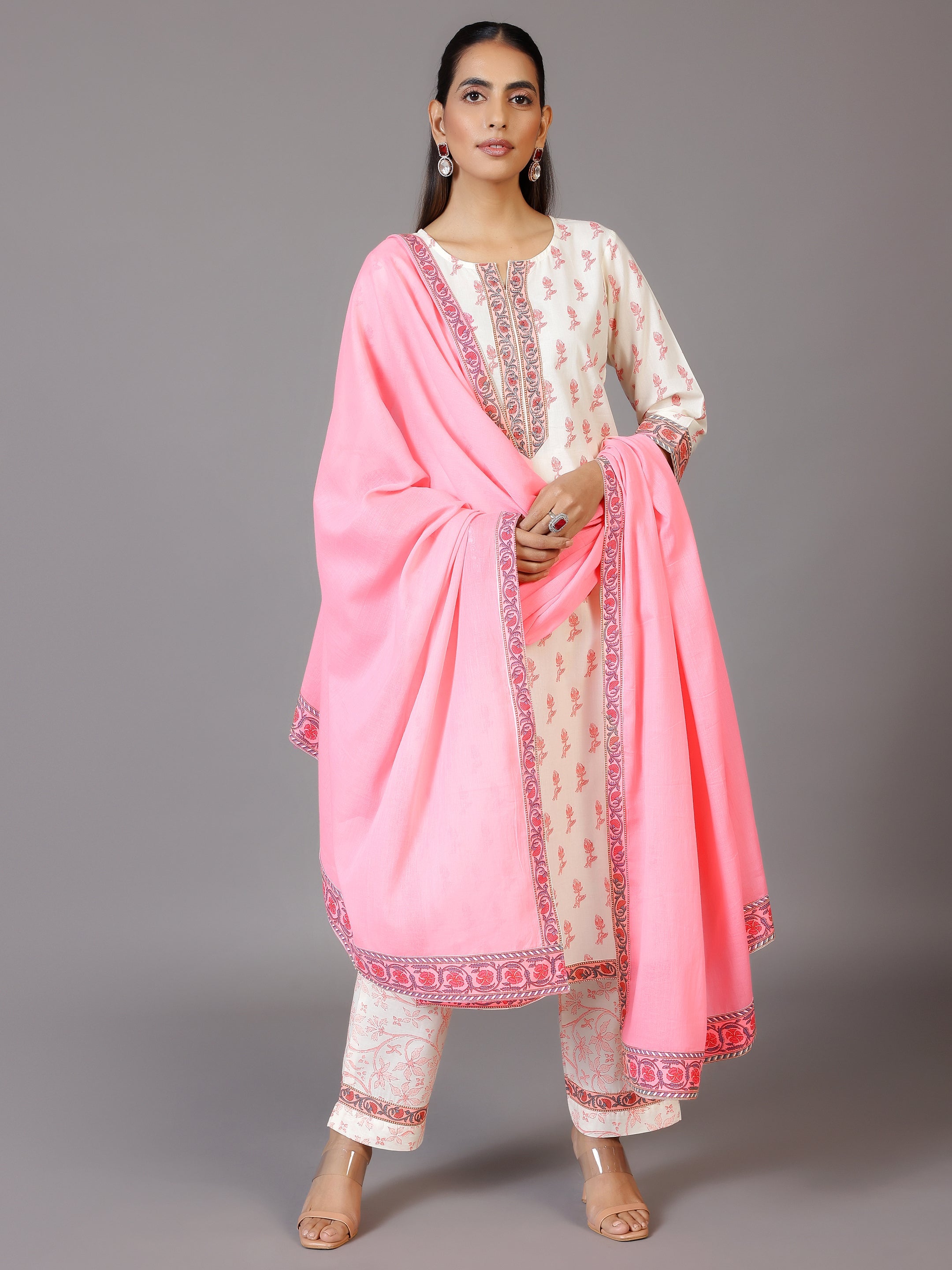 Off White Printed Cotton Straight Suit With Dupatta