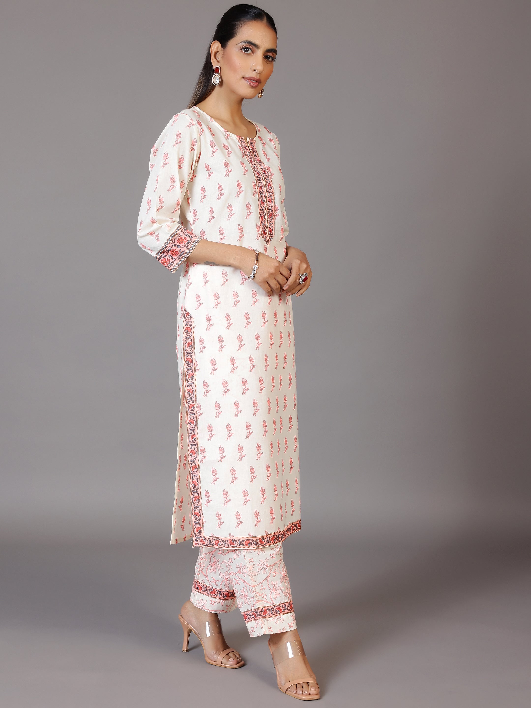 Off White Printed Cotton Straight Suit With Dupatta