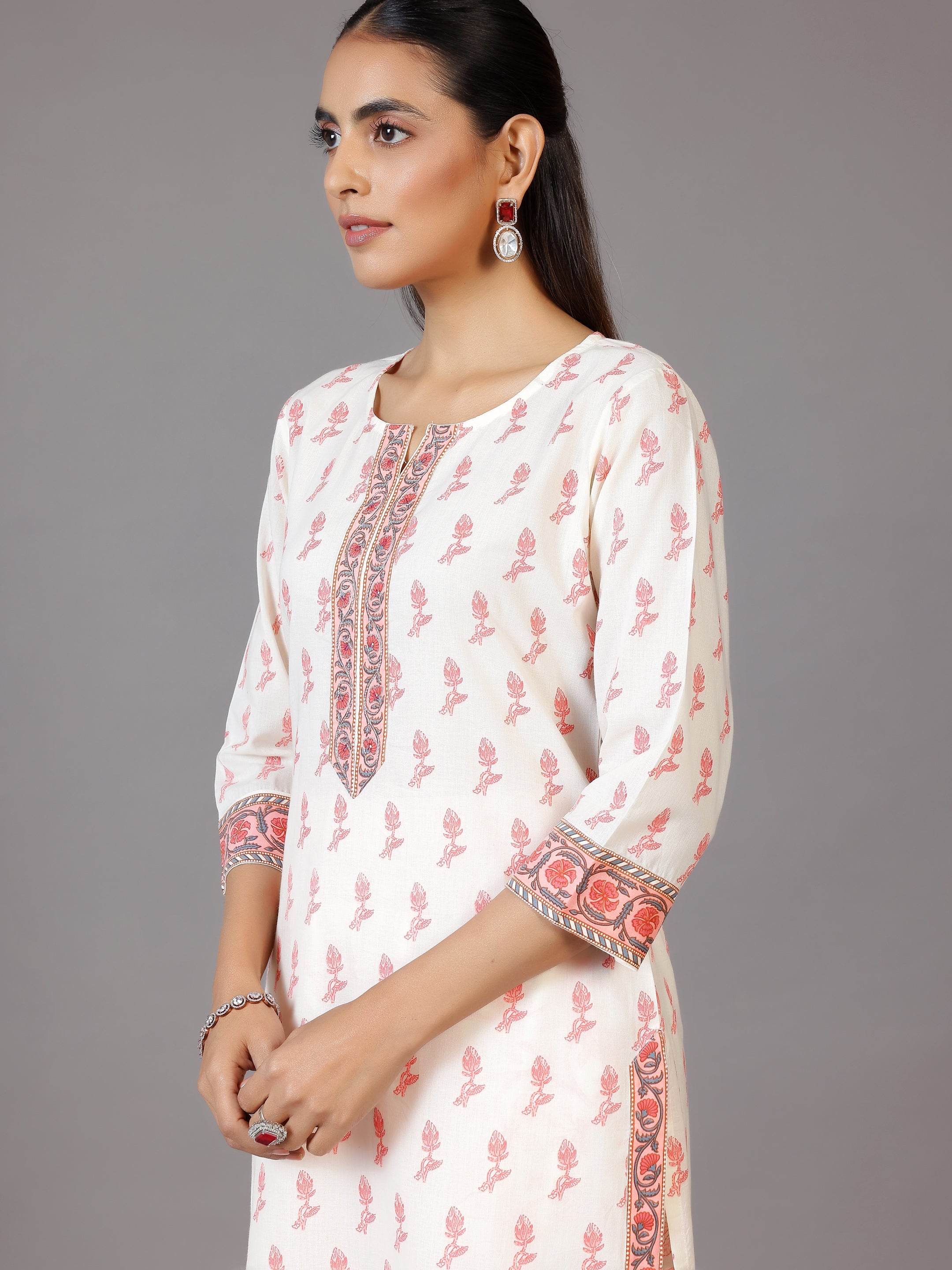 Off White Printed Cotton Straight Suit With Dupatta