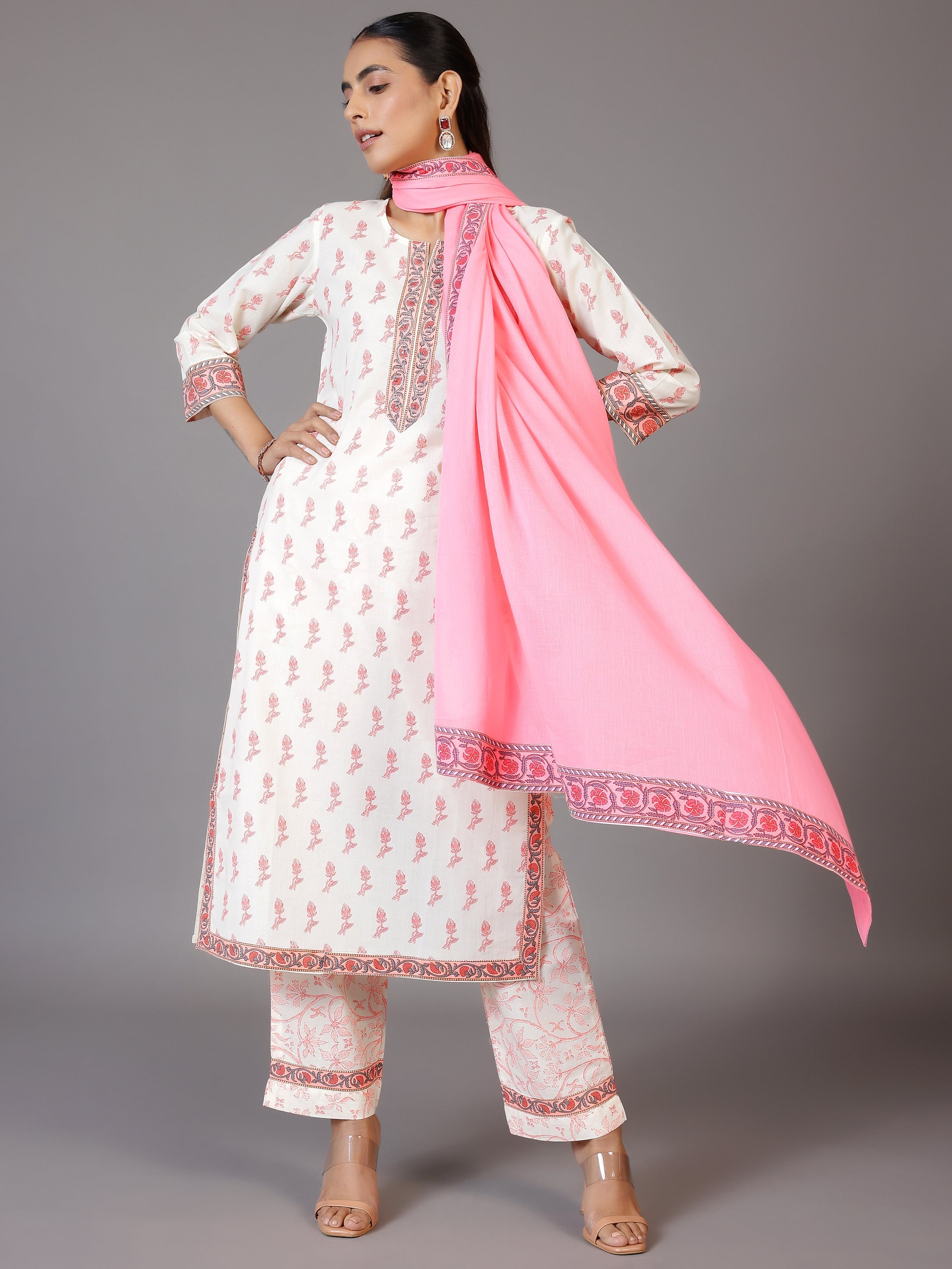 Off White Printed Cotton Straight Suit With Dupatta