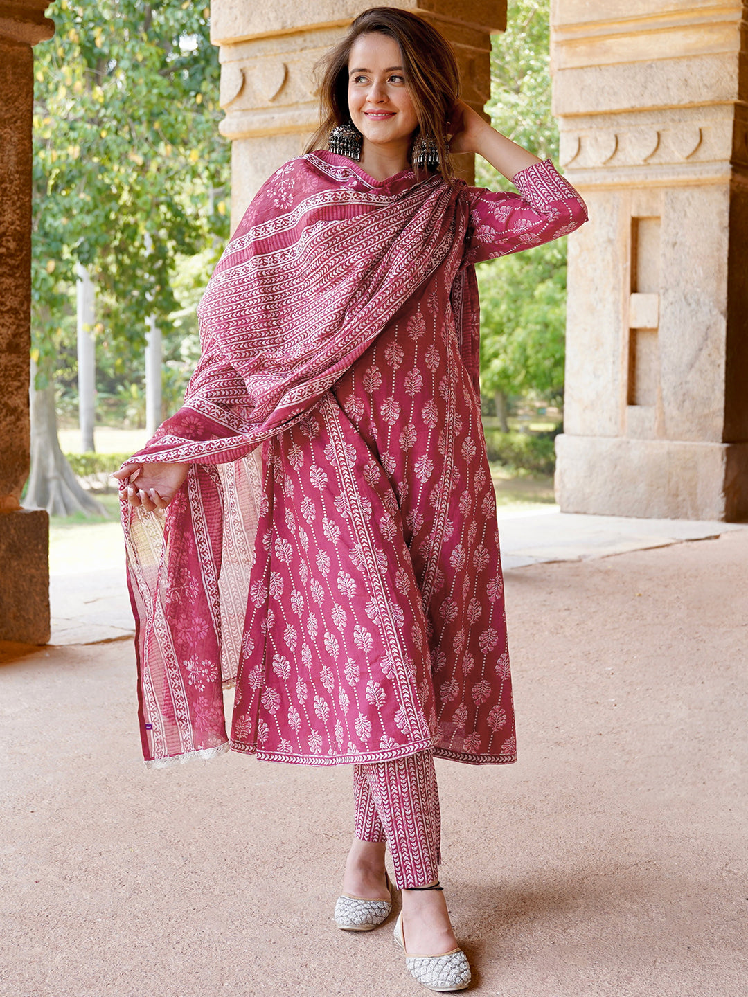 Burgundy Printed Cotton A-Line Kurta With Palazzos & Dupatta