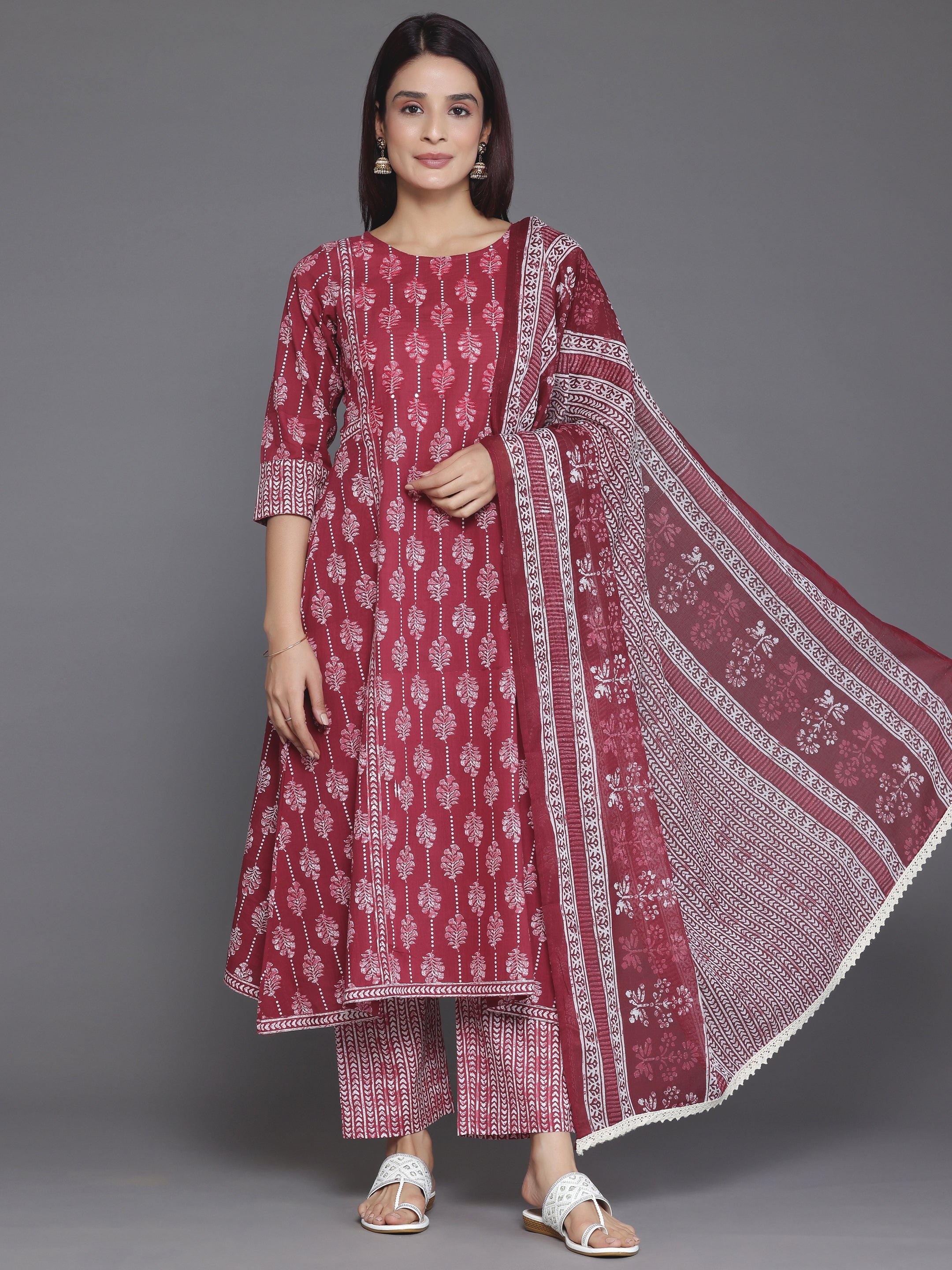 Burgundy Printed Cotton A-Line Kurta With Palazzos & Dupatta