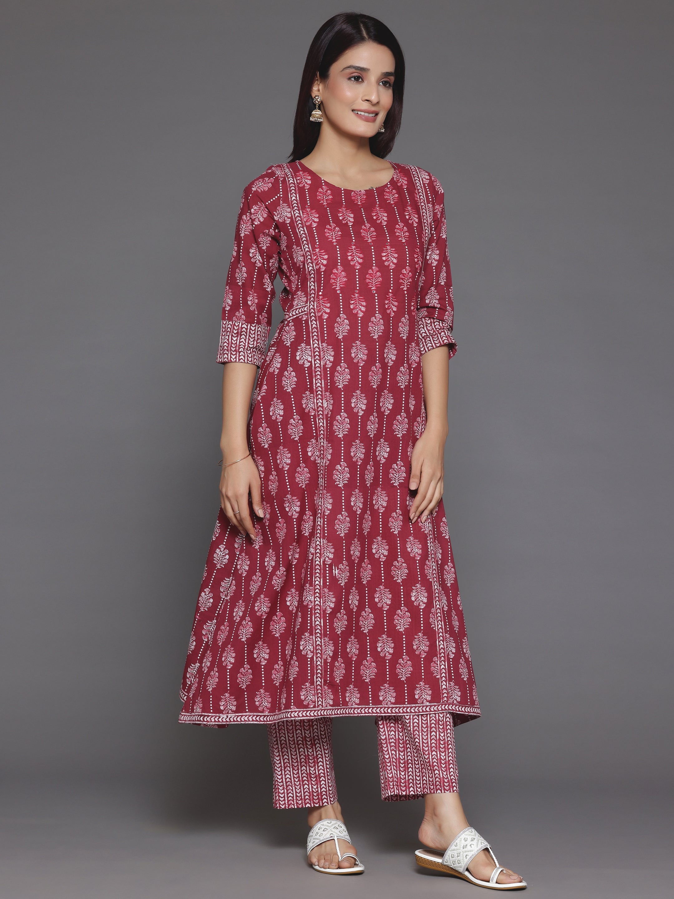 Burgundy Printed Cotton A-Line Kurta With Palazzos & Dupatta