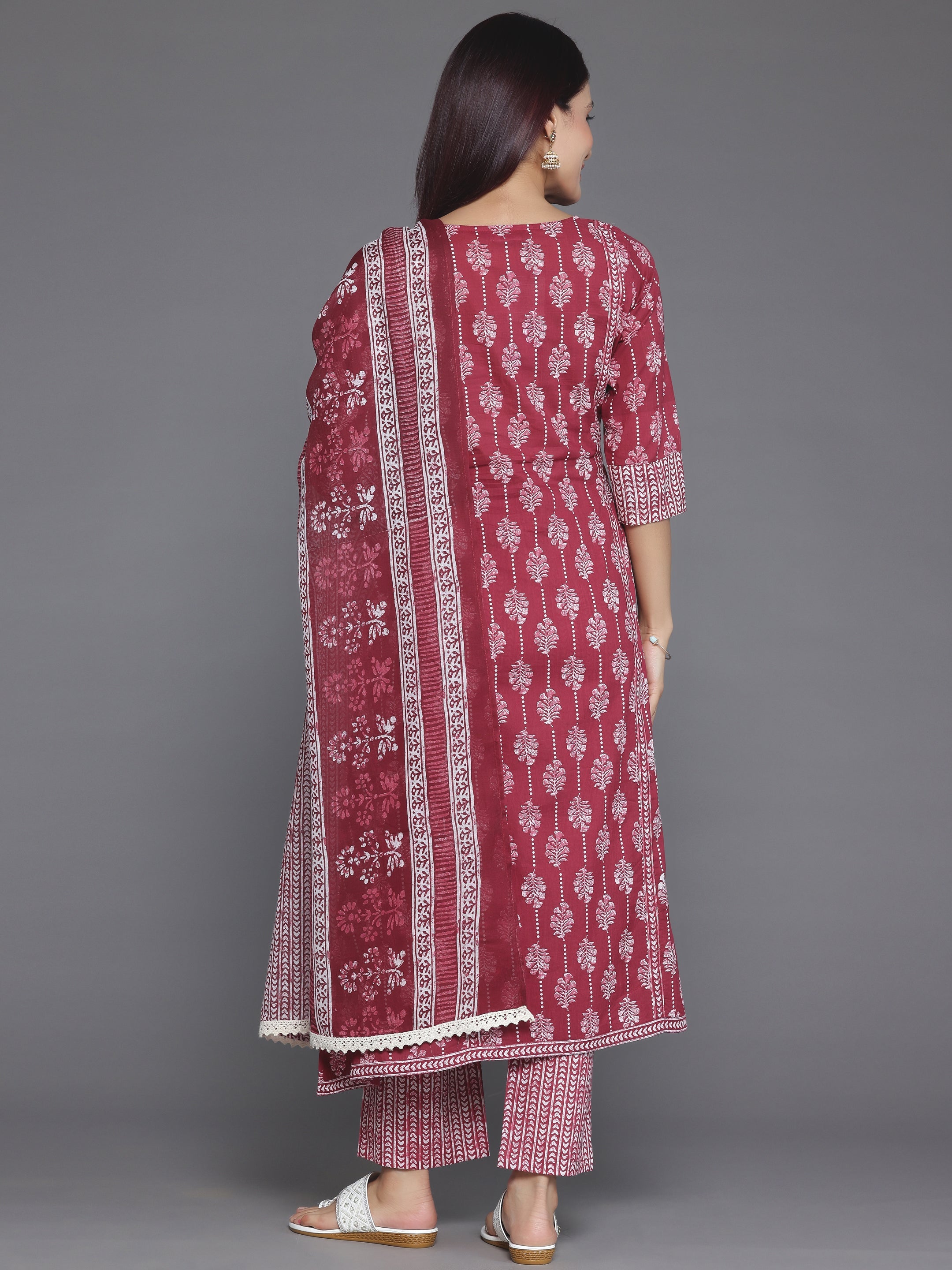 Burgundy Printed Cotton A-Line Kurta With Palazzos & Dupatta