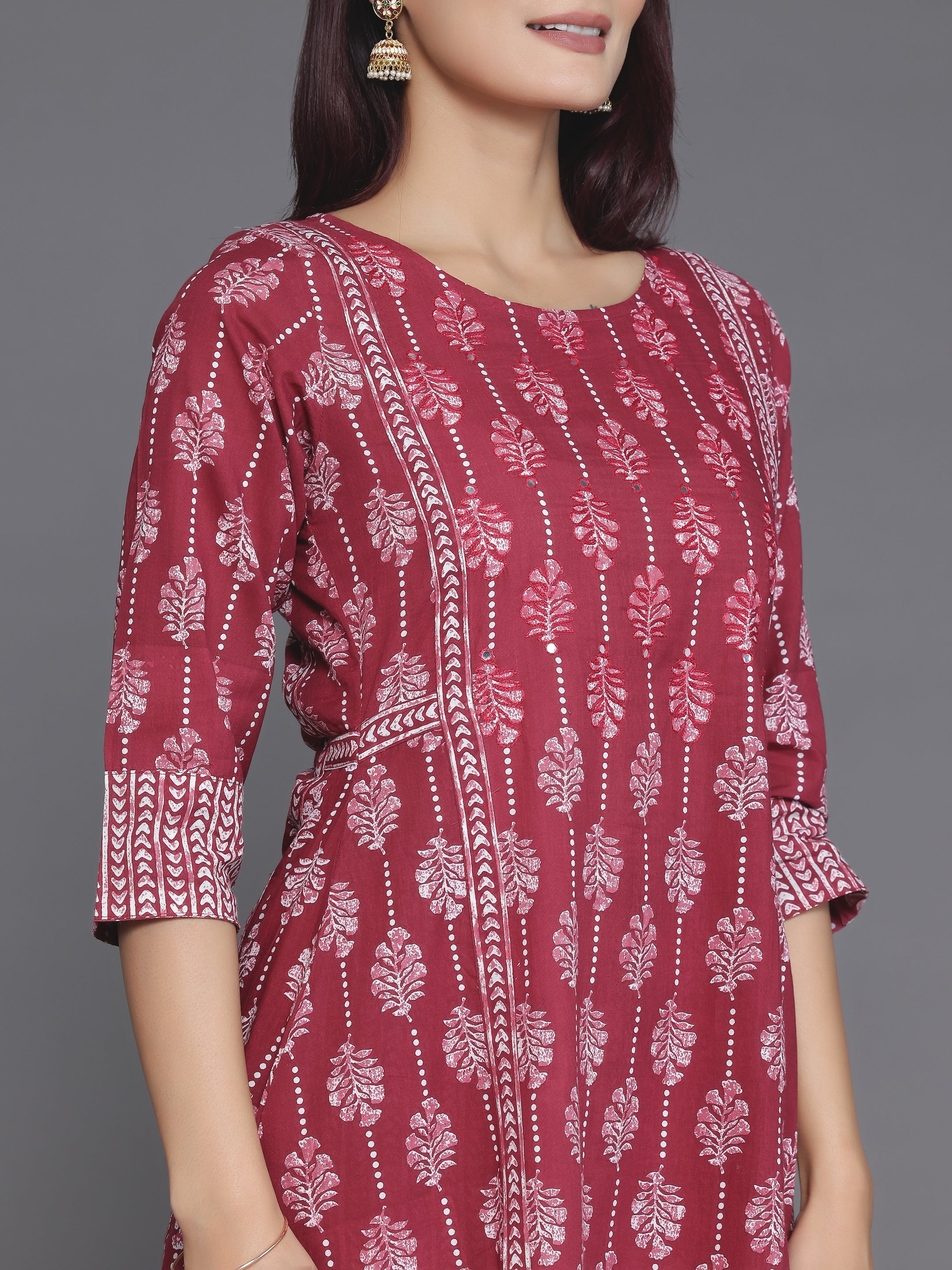 Burgundy Printed Cotton A-Line Kurta With Palazzos & Dupatta