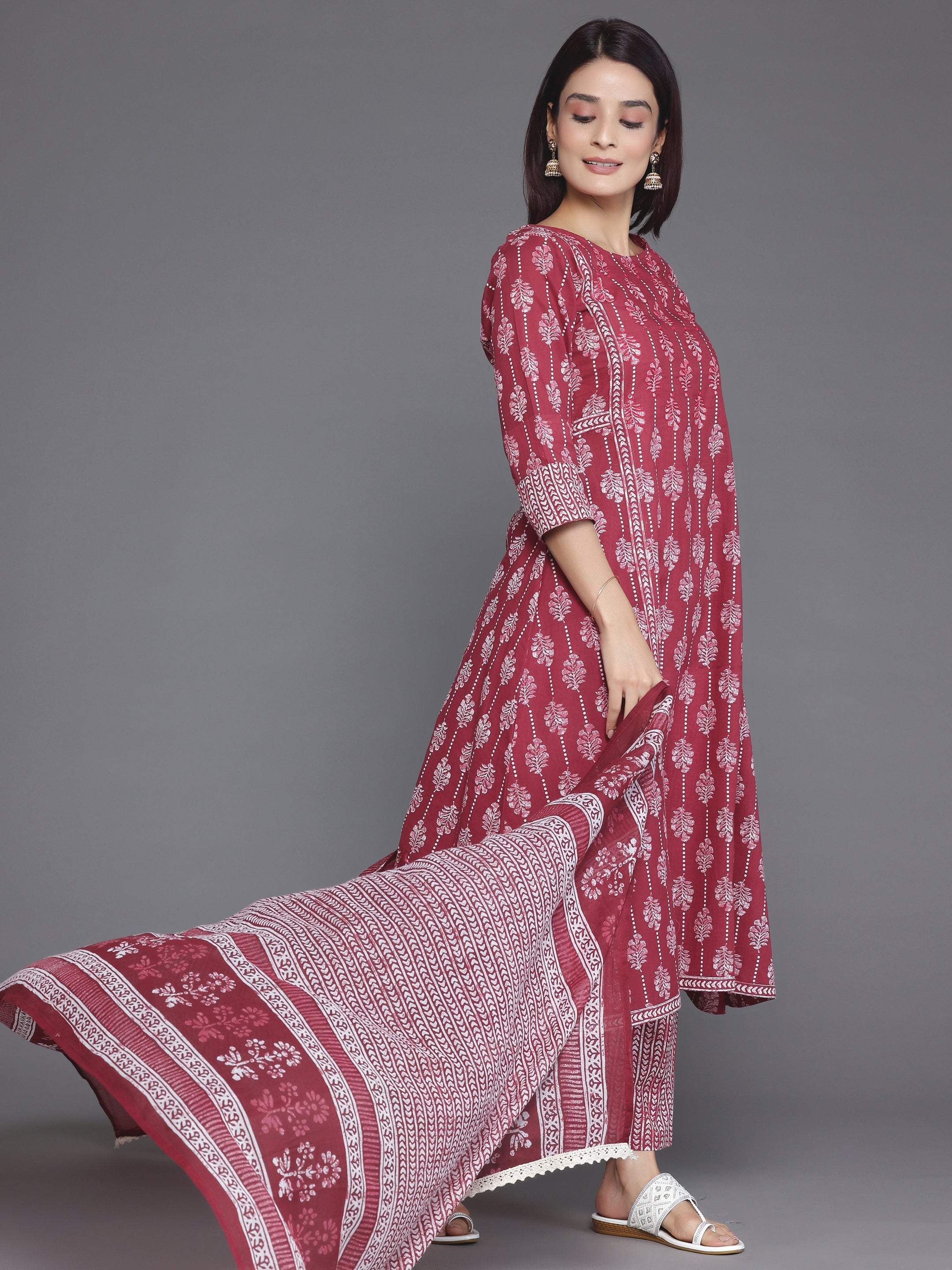 Burgundy Printed Cotton A-Line Kurta With Palazzos & Dupatta