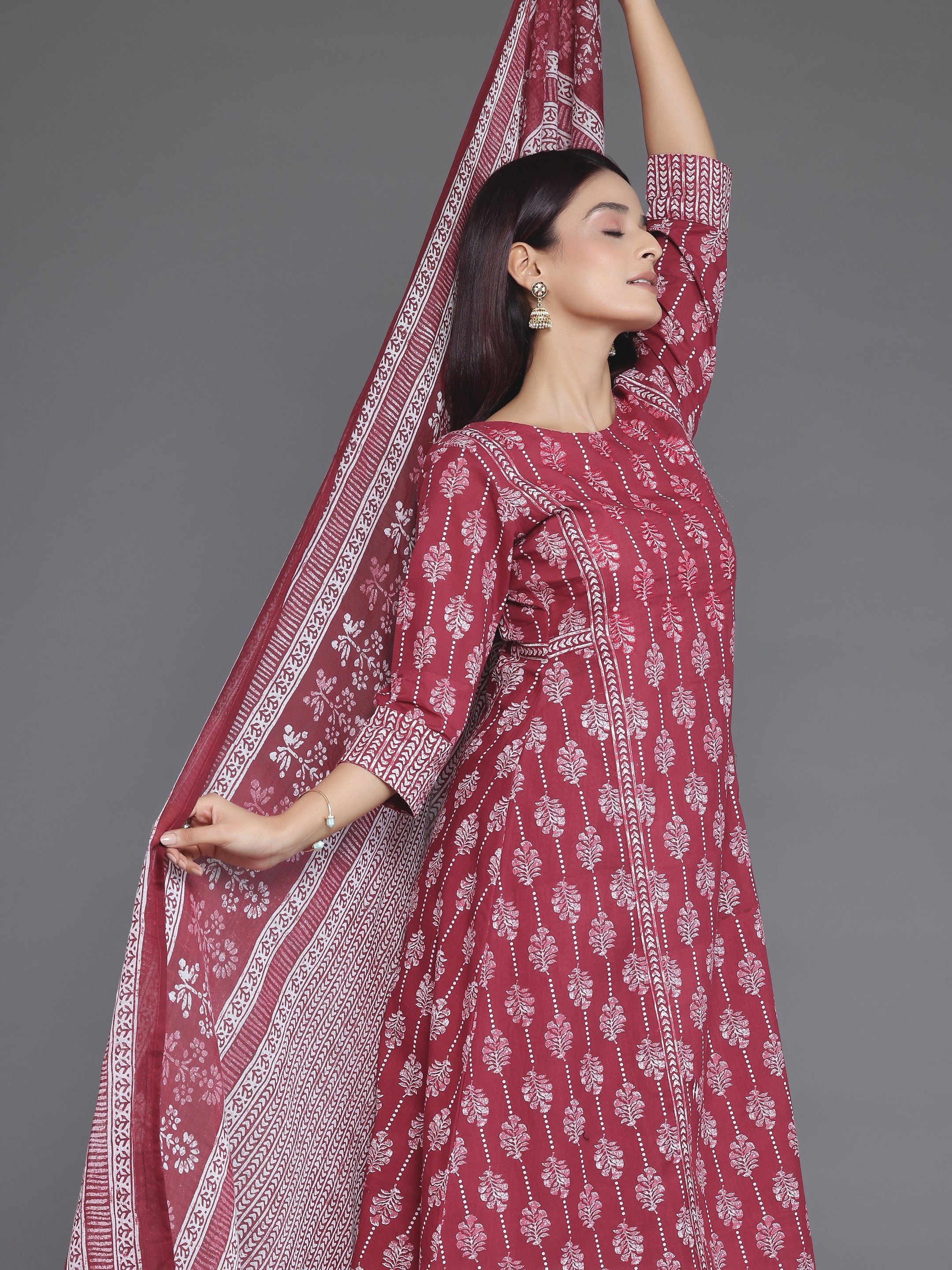 Burgundy Printed Cotton A-Line Kurta With Palazzos & Dupatta