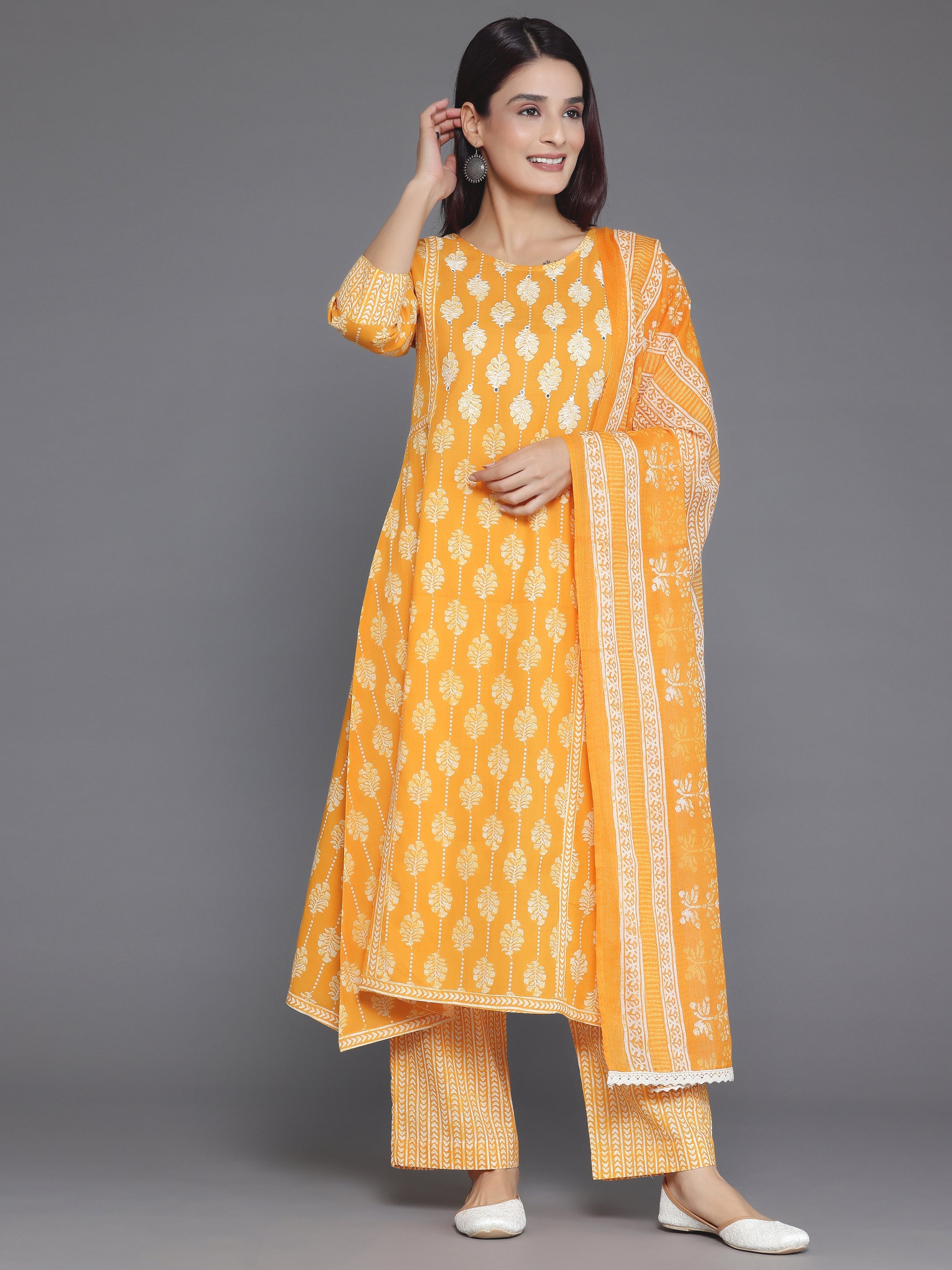 Mustard Printed Cotton A-Line Kurta With Palazzos & Dupatta