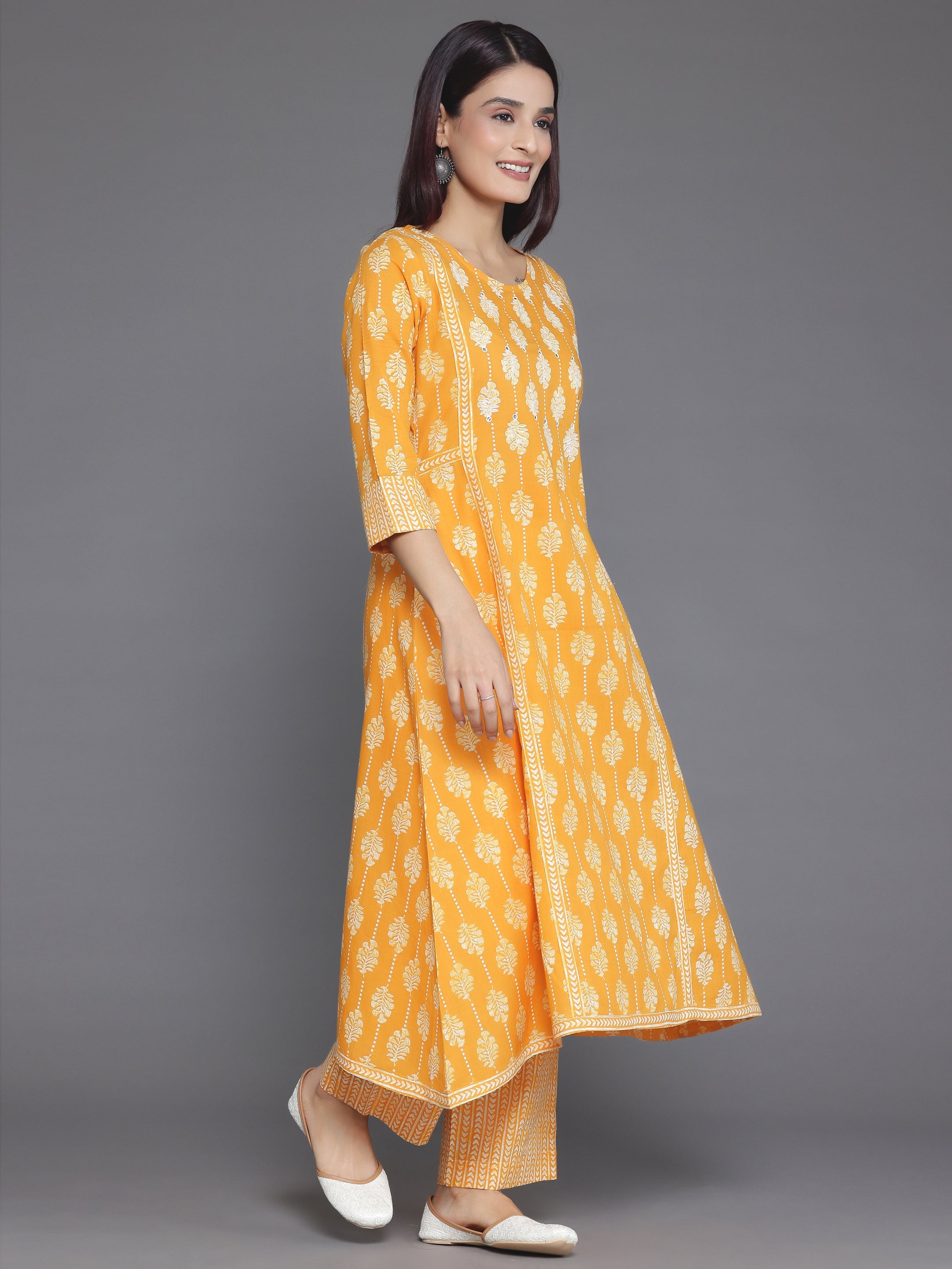 Mustard Printed Cotton A-Line Kurta With Palazzos & Dupatta