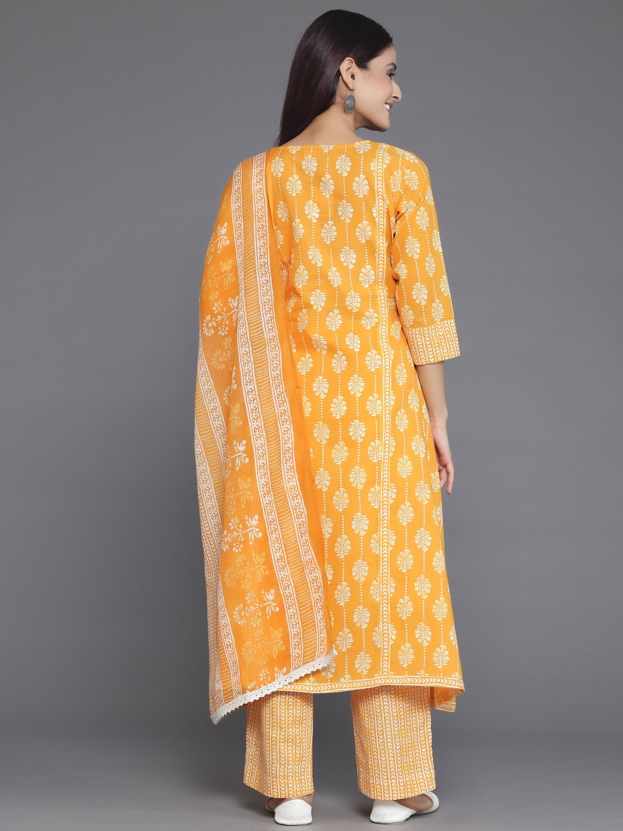 Mustard Printed Cotton A-Line Kurta With Palazzos & Dupatta