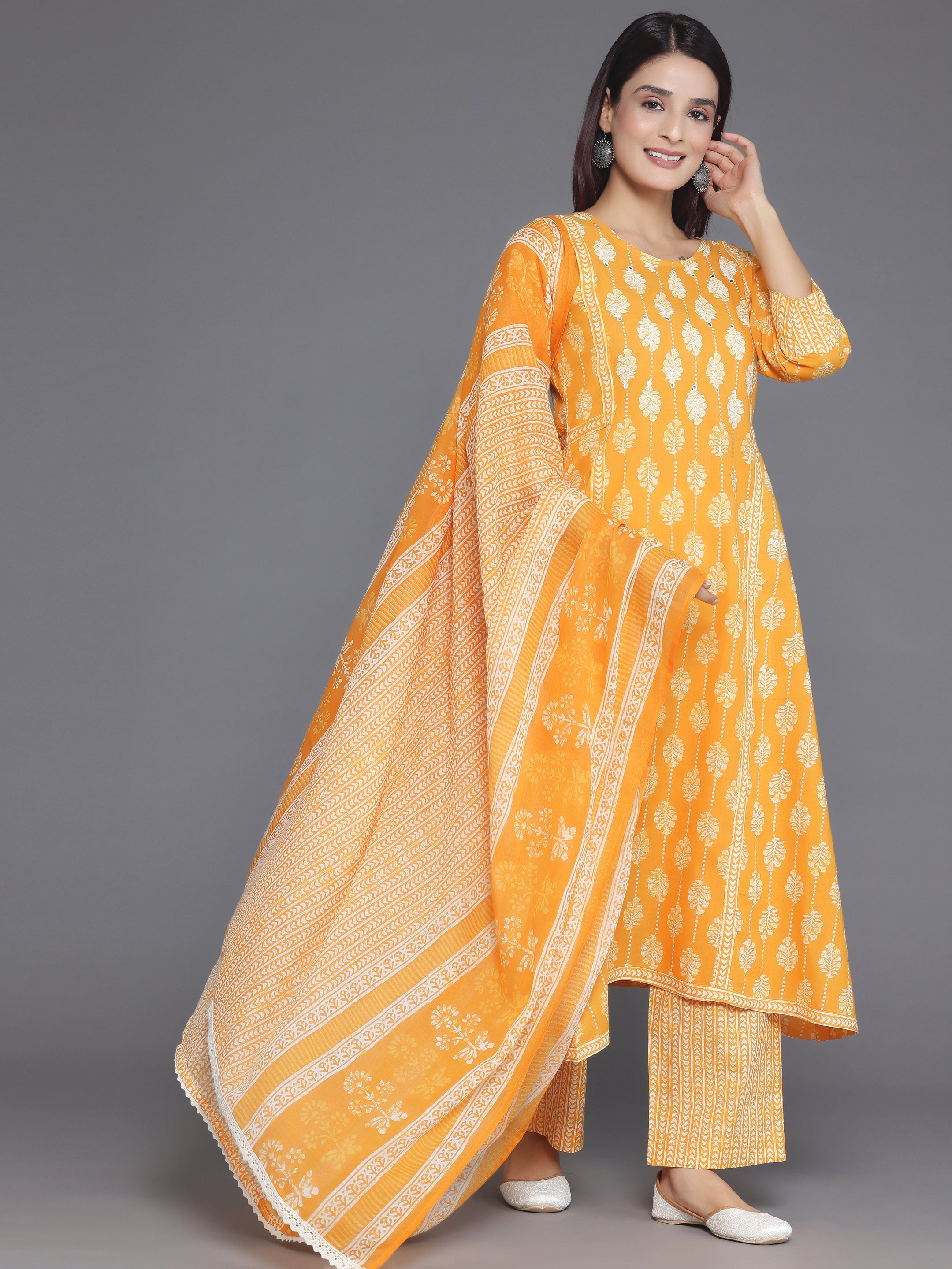 Mustard Printed Cotton A-Line Kurta With Palazzos & Dupatta