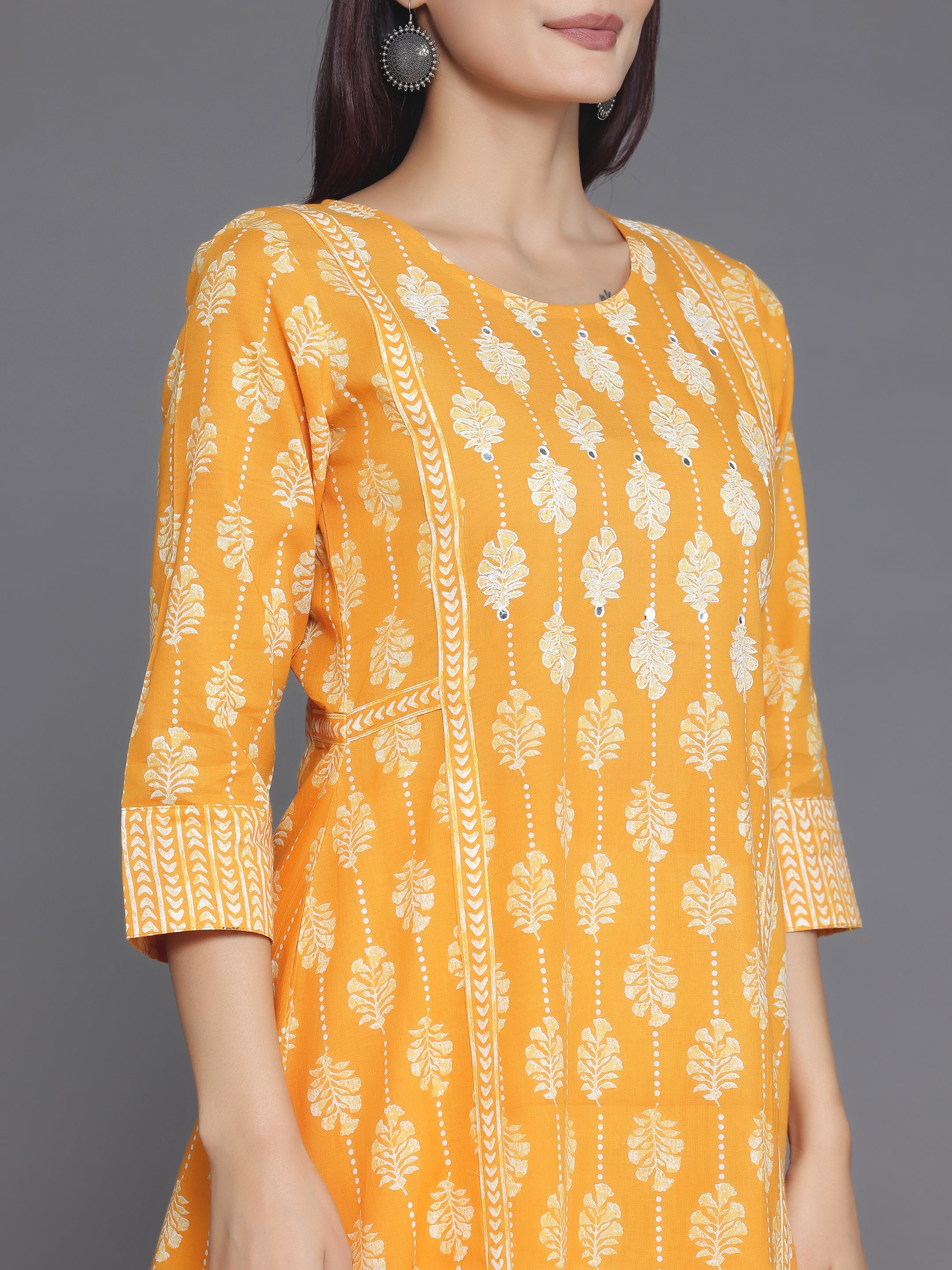 Mustard Printed Cotton A-Line Kurta With Palazzos & Dupatta