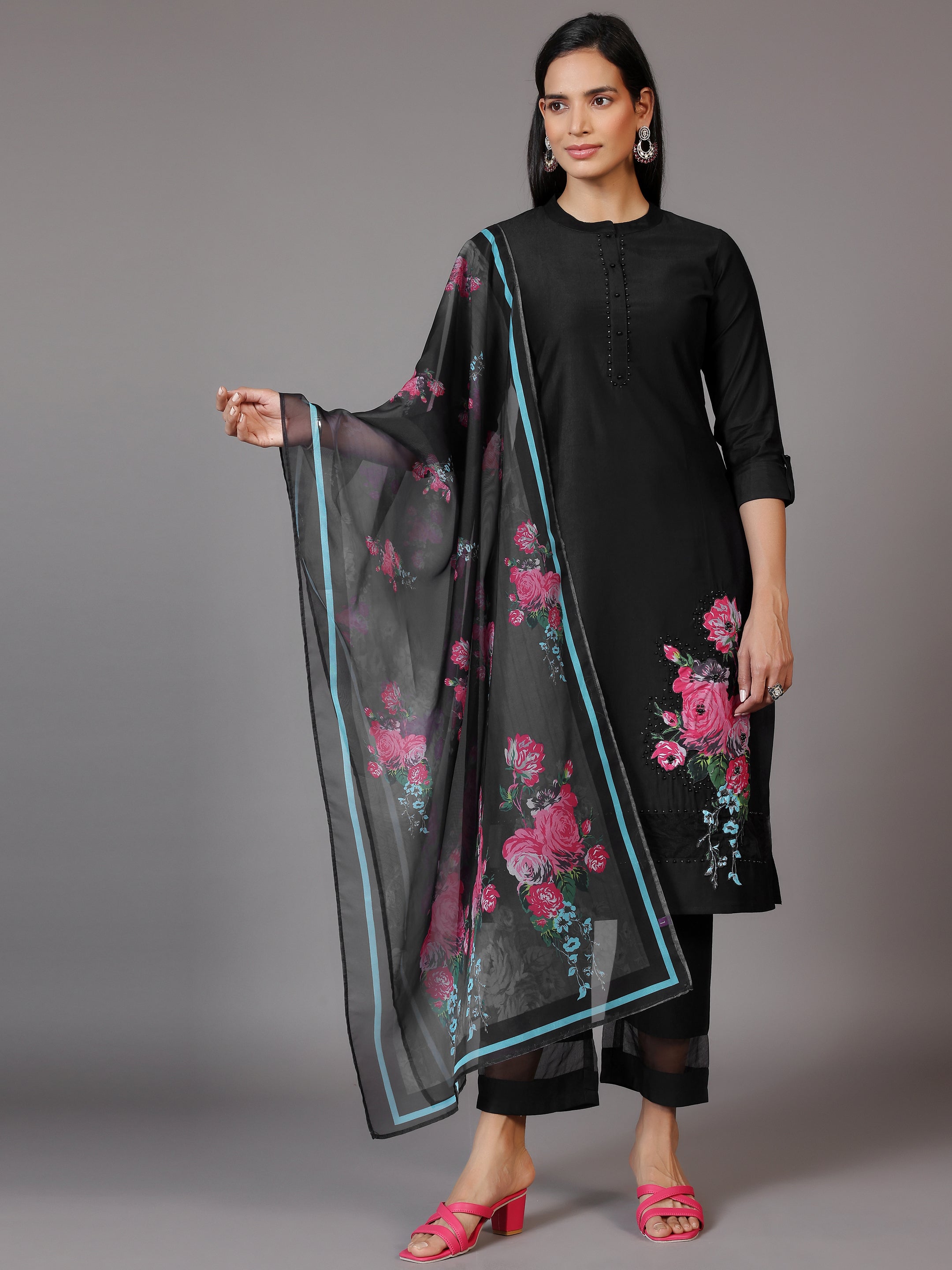 Black Self Design Silk Blend Straight Suit With Dupatta