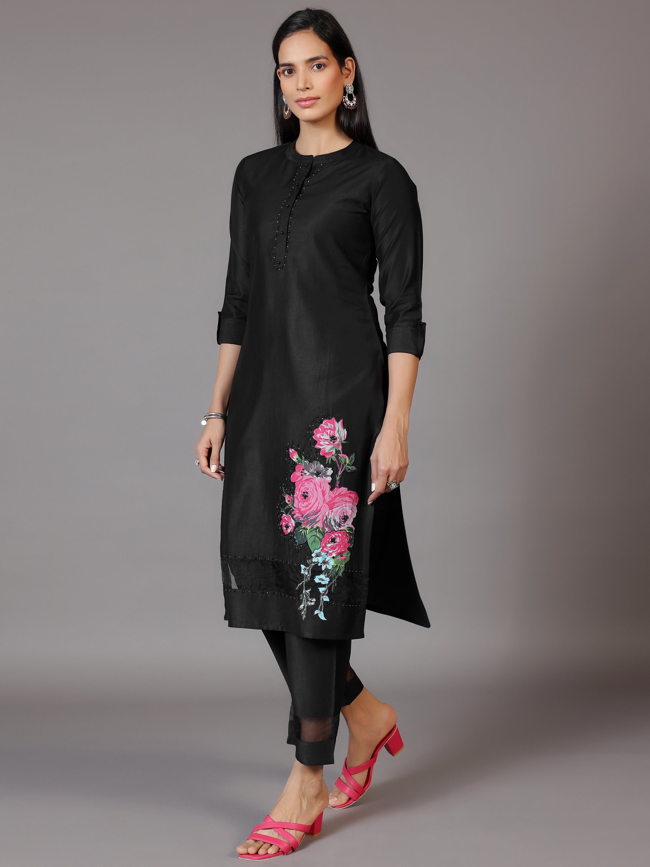 Black Self Design Silk Blend Straight Suit With Dupatta