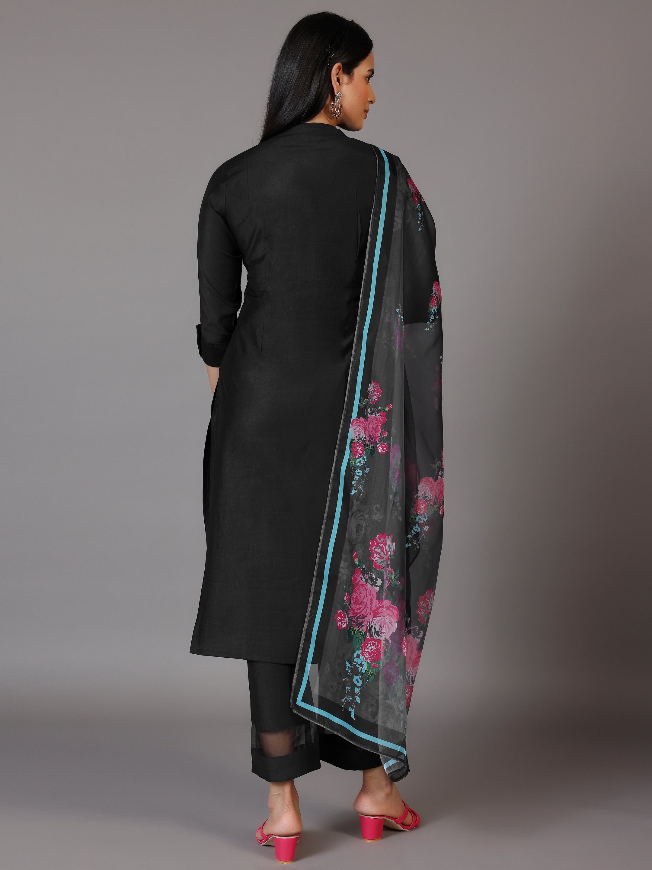 Black Self Design Silk Blend Straight Suit With Dupatta