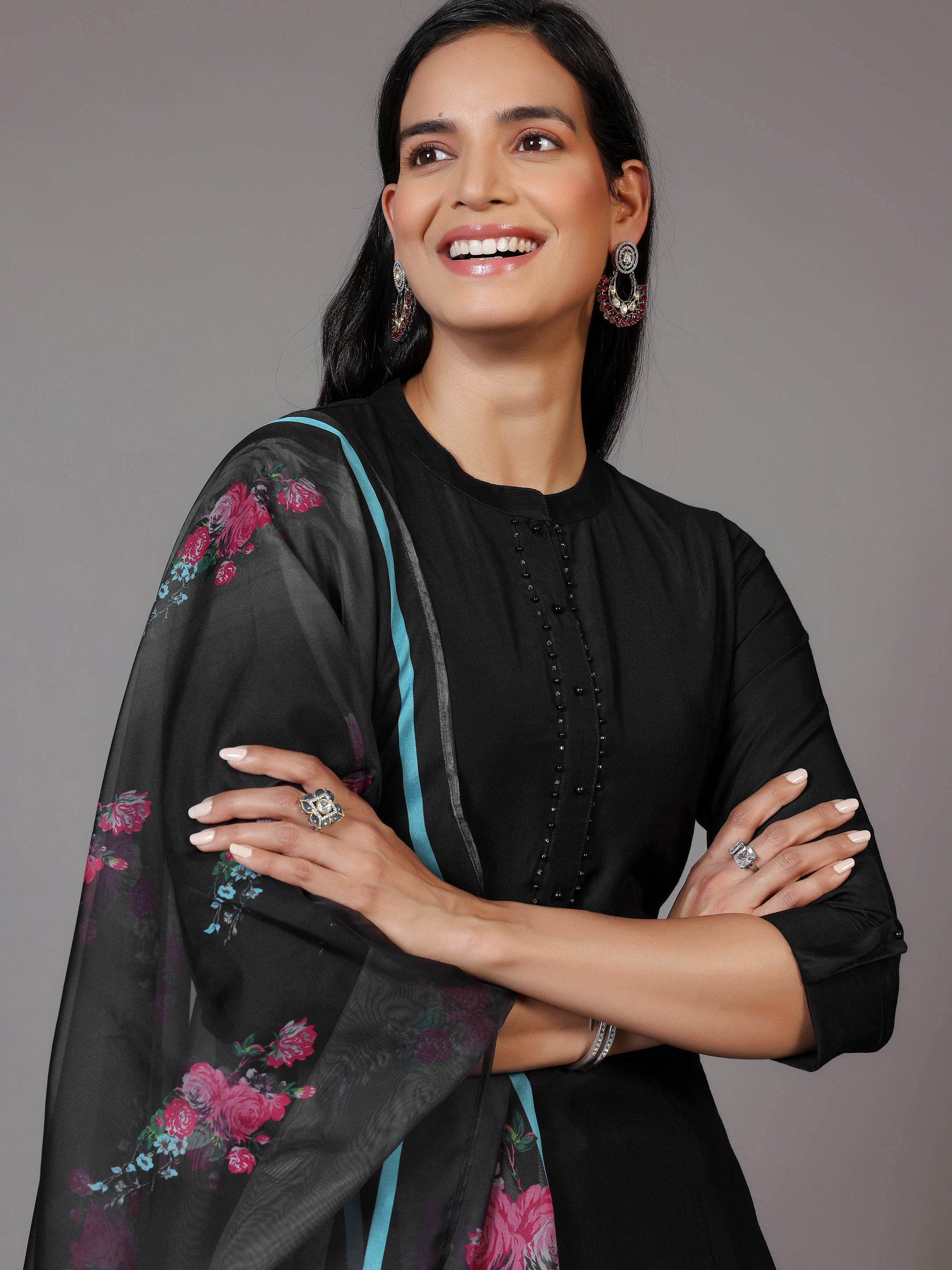 Black Self Design Silk Blend Straight Suit With Dupatta