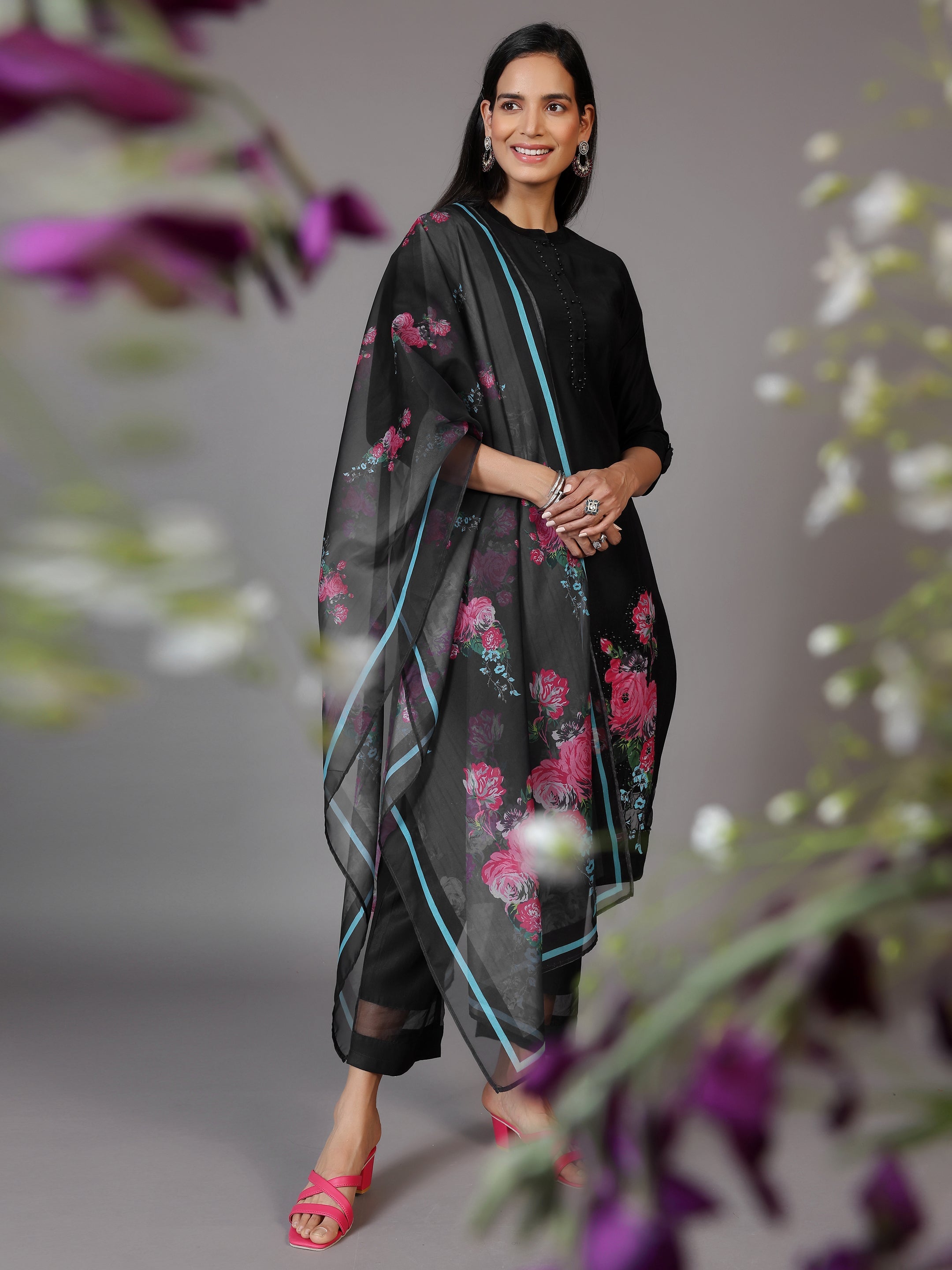 Black Self Design Silk Blend Straight Suit With Dupatta