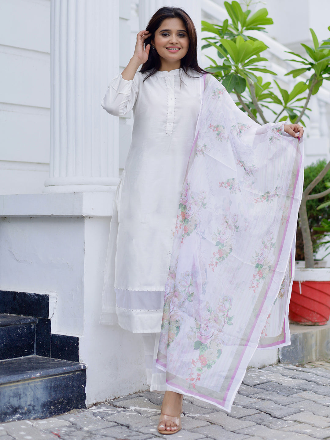 Off White Self Design Silk Blend Straight Suit With Dupatta