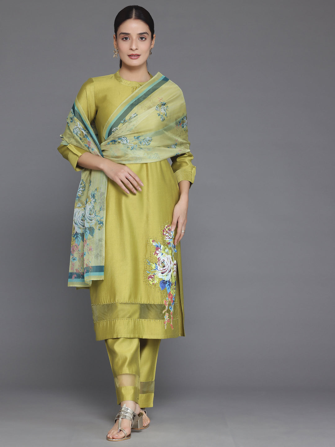 Green Self Design Silk Blend Straight Suit With Dupatta