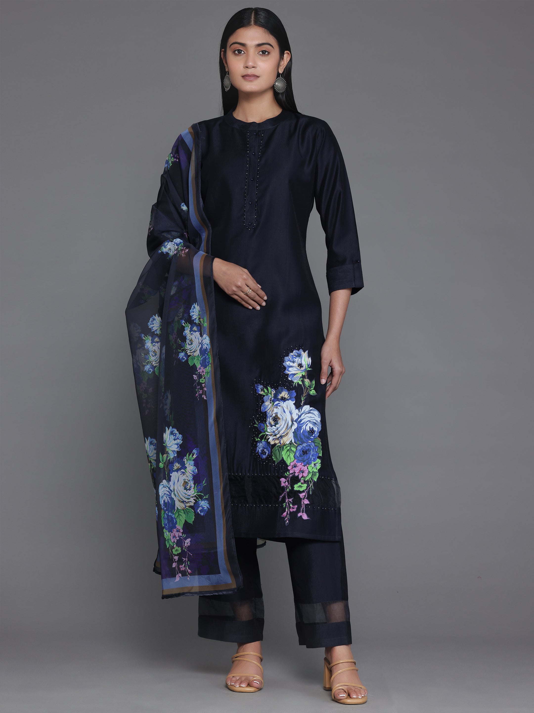 Navy Blue Self Design Silk Blend Straight Suit With Dupatta