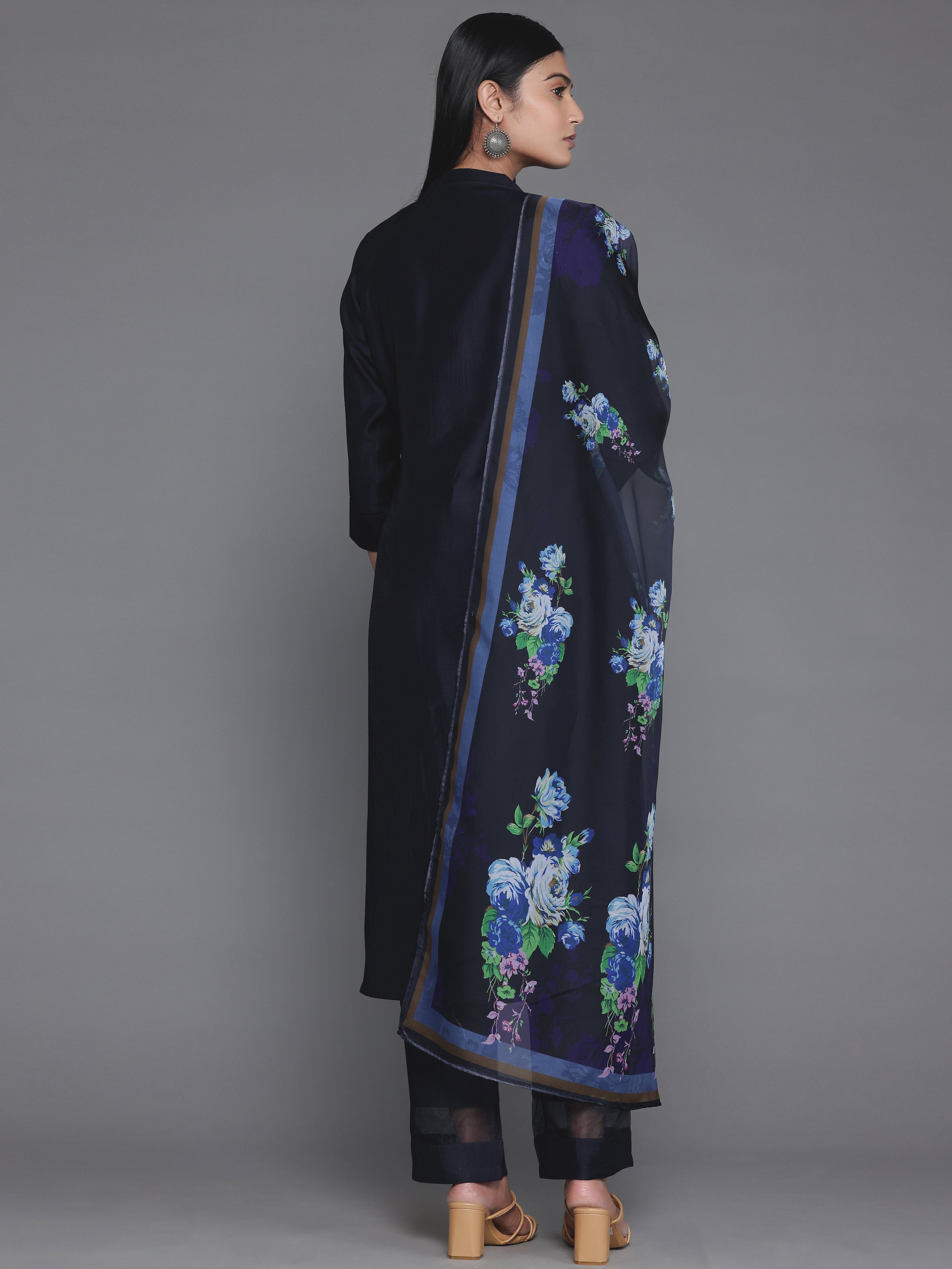 Navy Blue Self Design Silk Blend Straight Suit With Dupatta