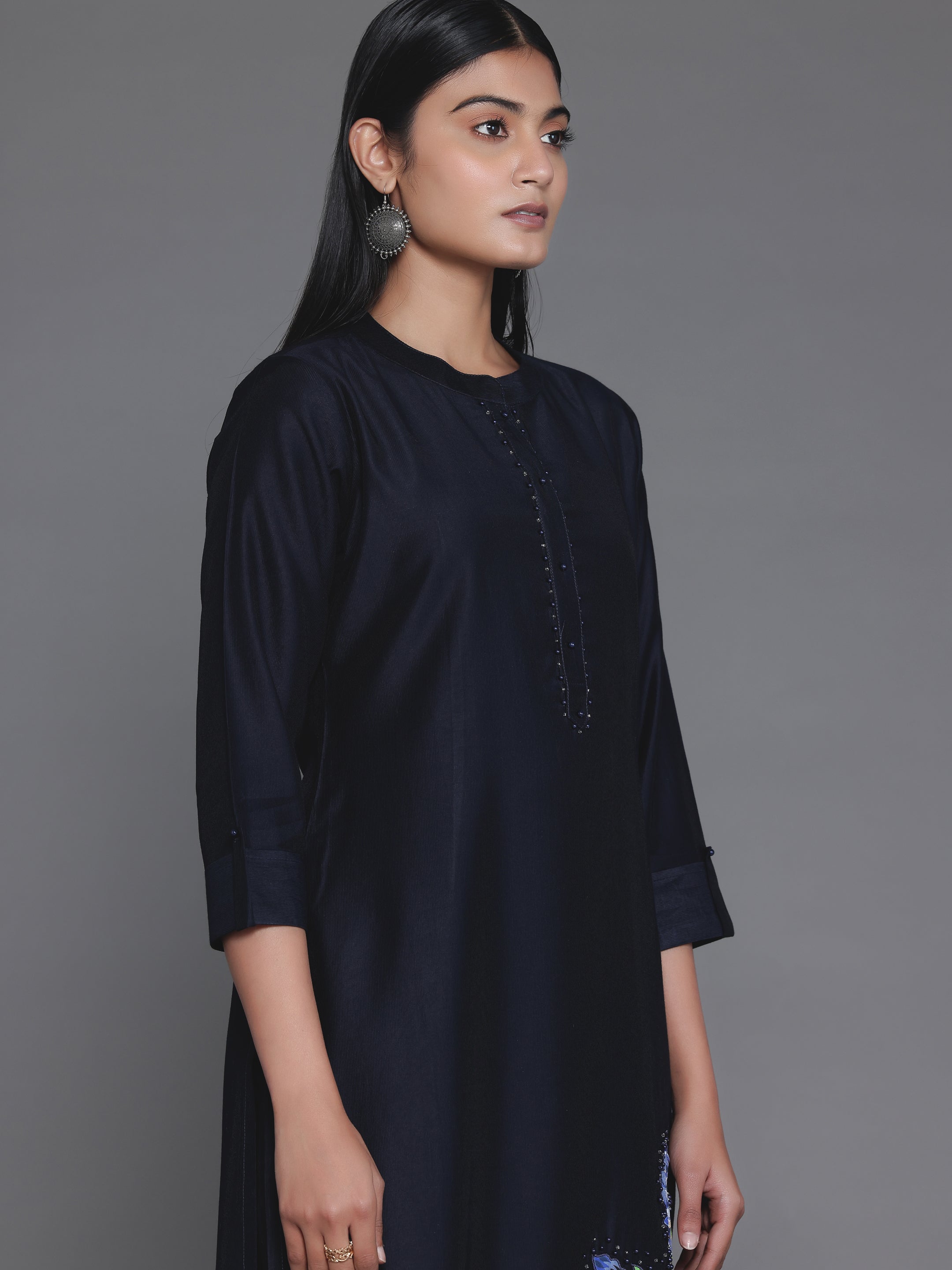 Navy Blue Self Design Silk Blend Straight Suit With Dupatta