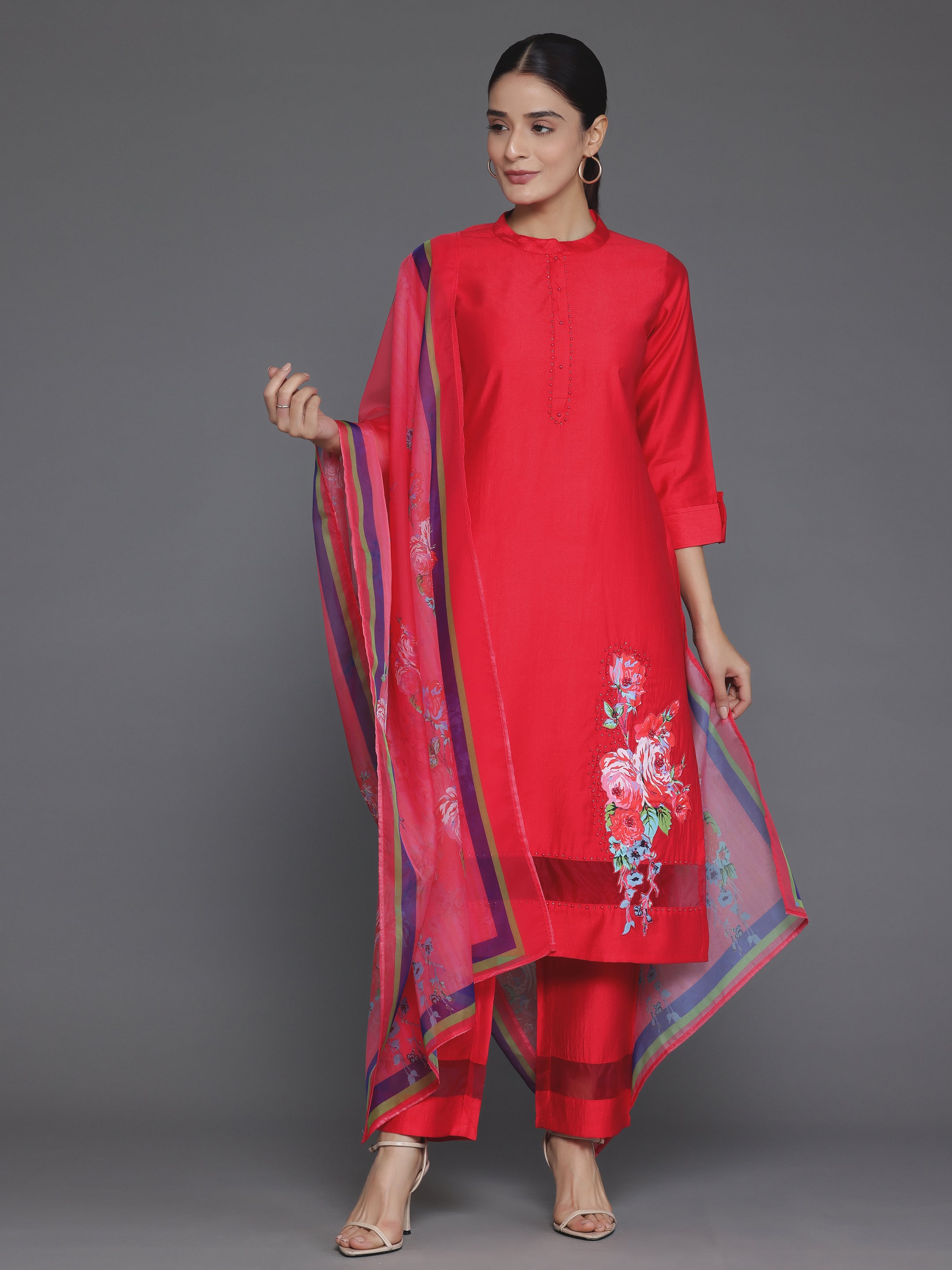 Red Self Design Silk Blend Straight Suit With Dupatta