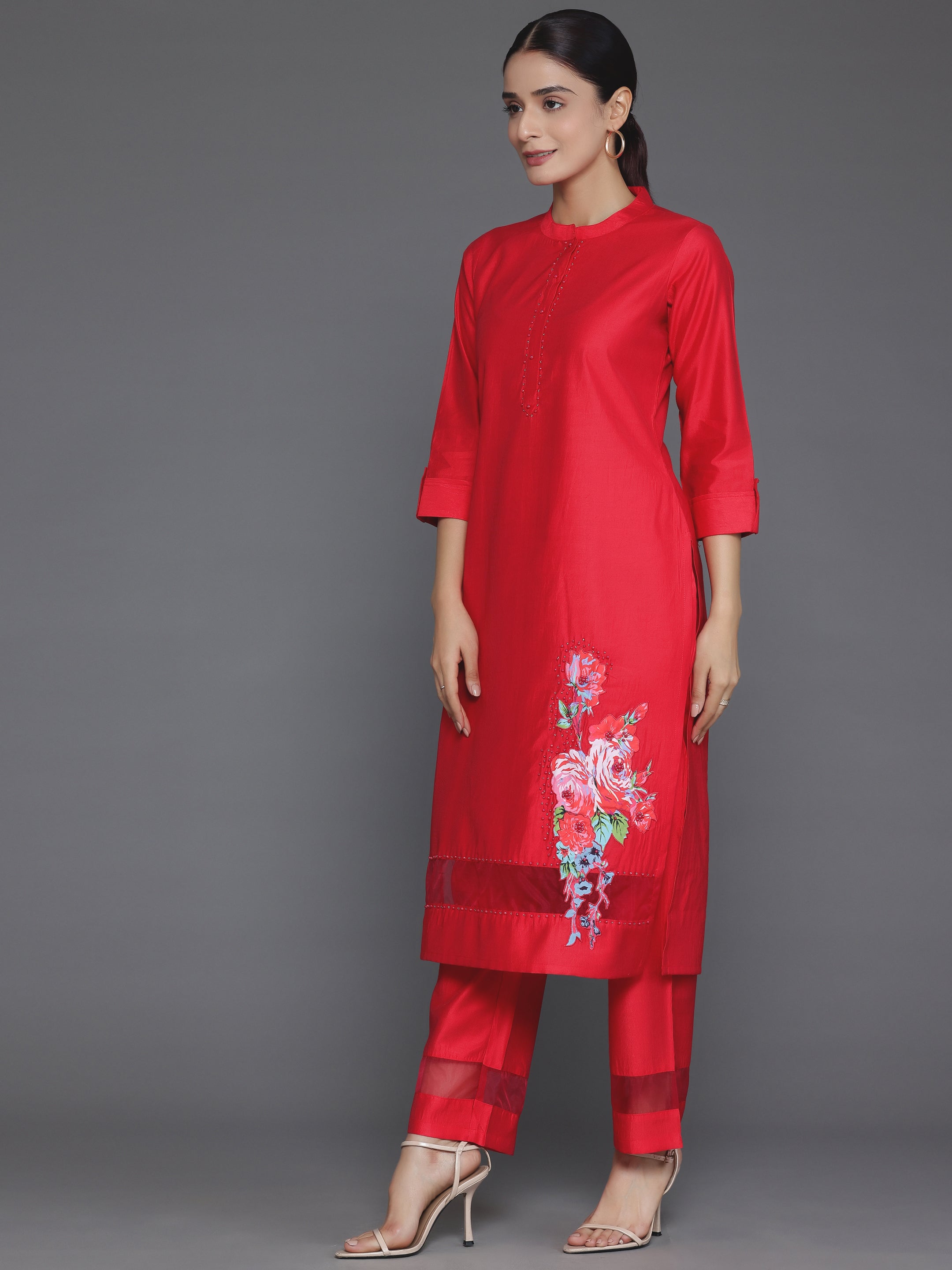 Red Self Design Silk Blend Straight Suit With Dupatta