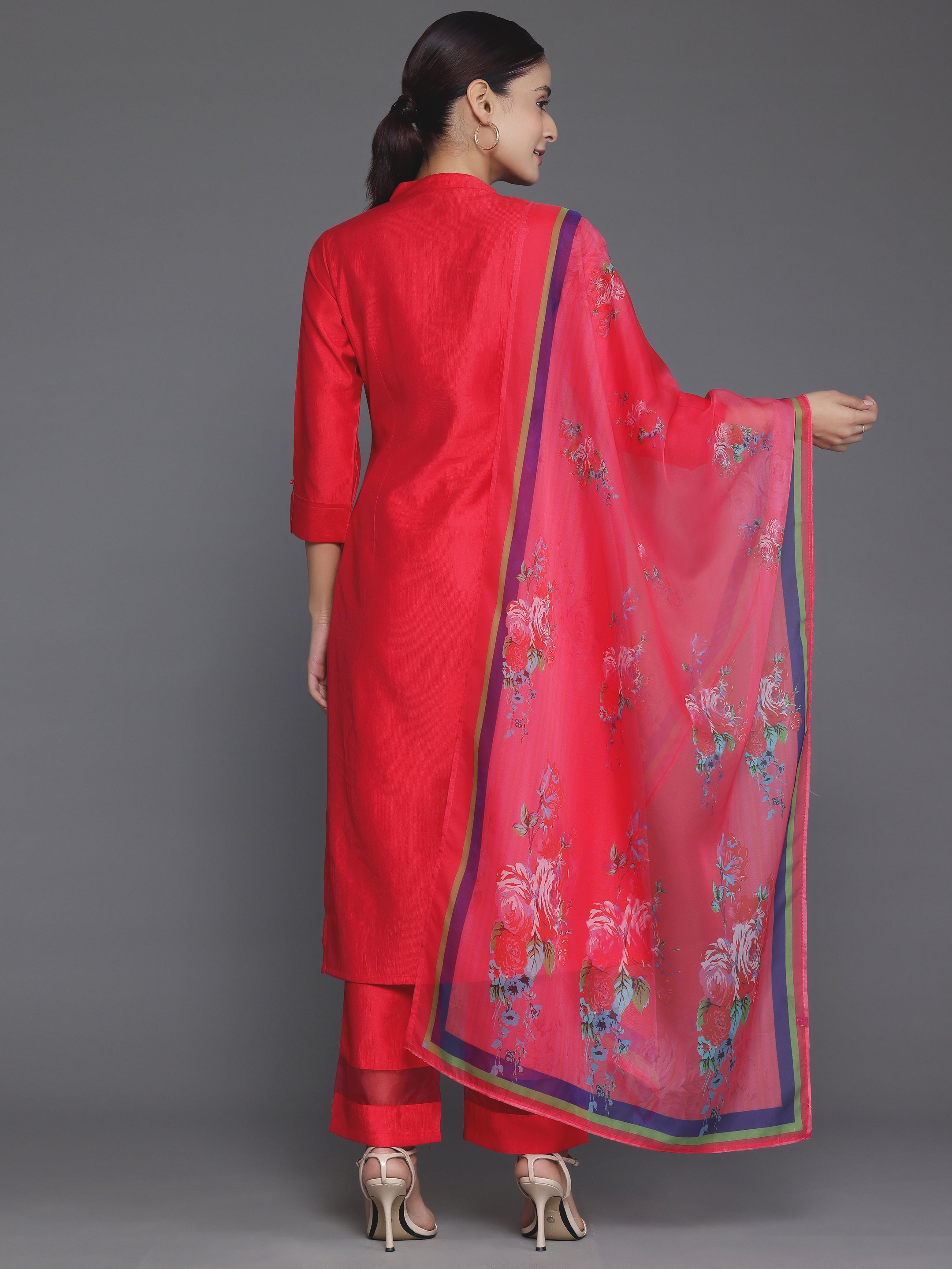 Red Self Design Silk Blend Straight Suit With Dupatta