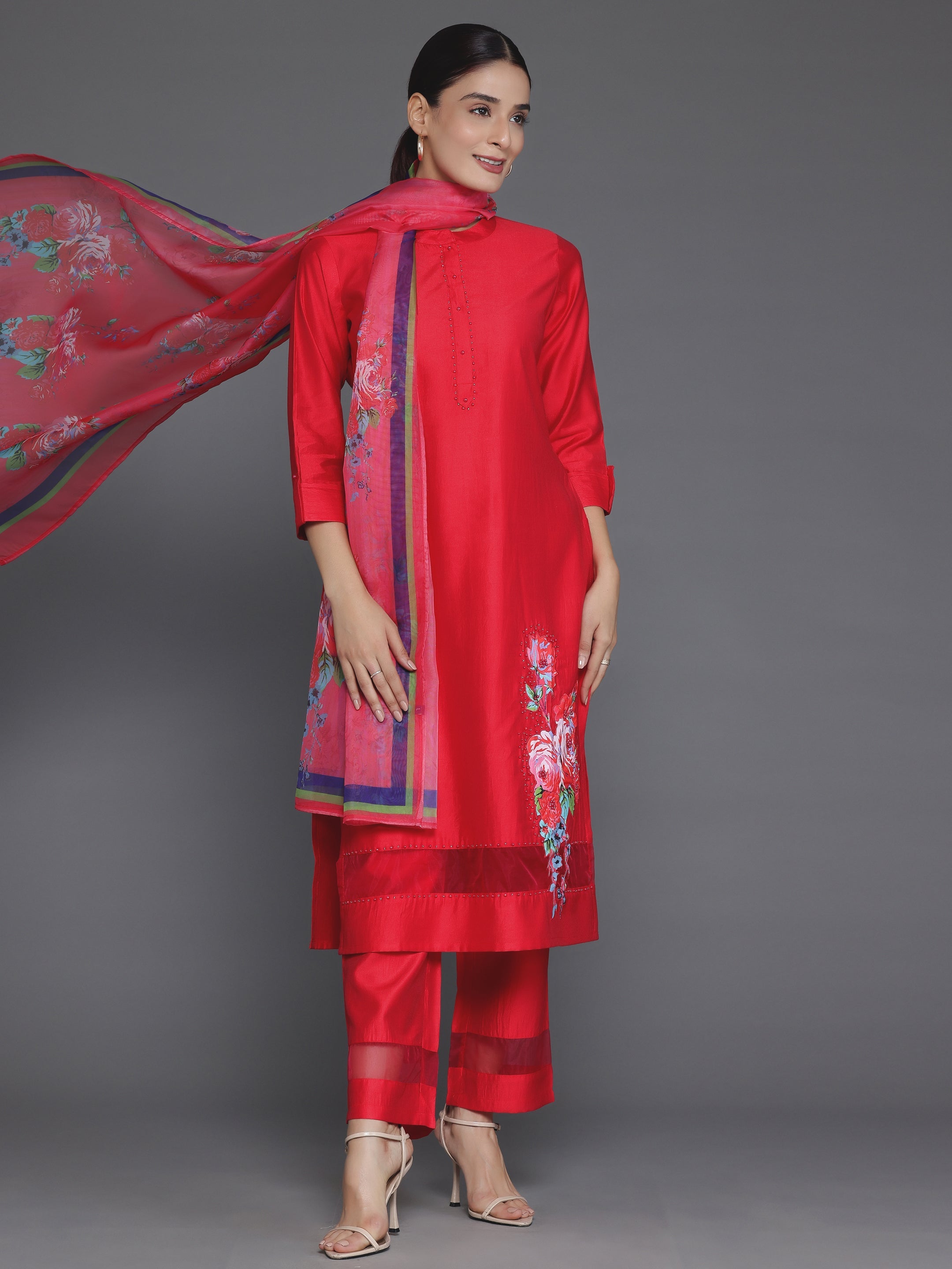 Red Self Design Silk Blend Straight Suit With Dupatta