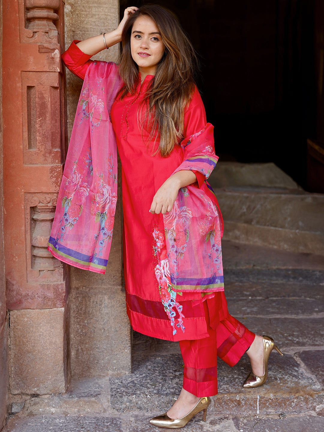 Red Self Design Silk Blend Straight Suit With Dupatta