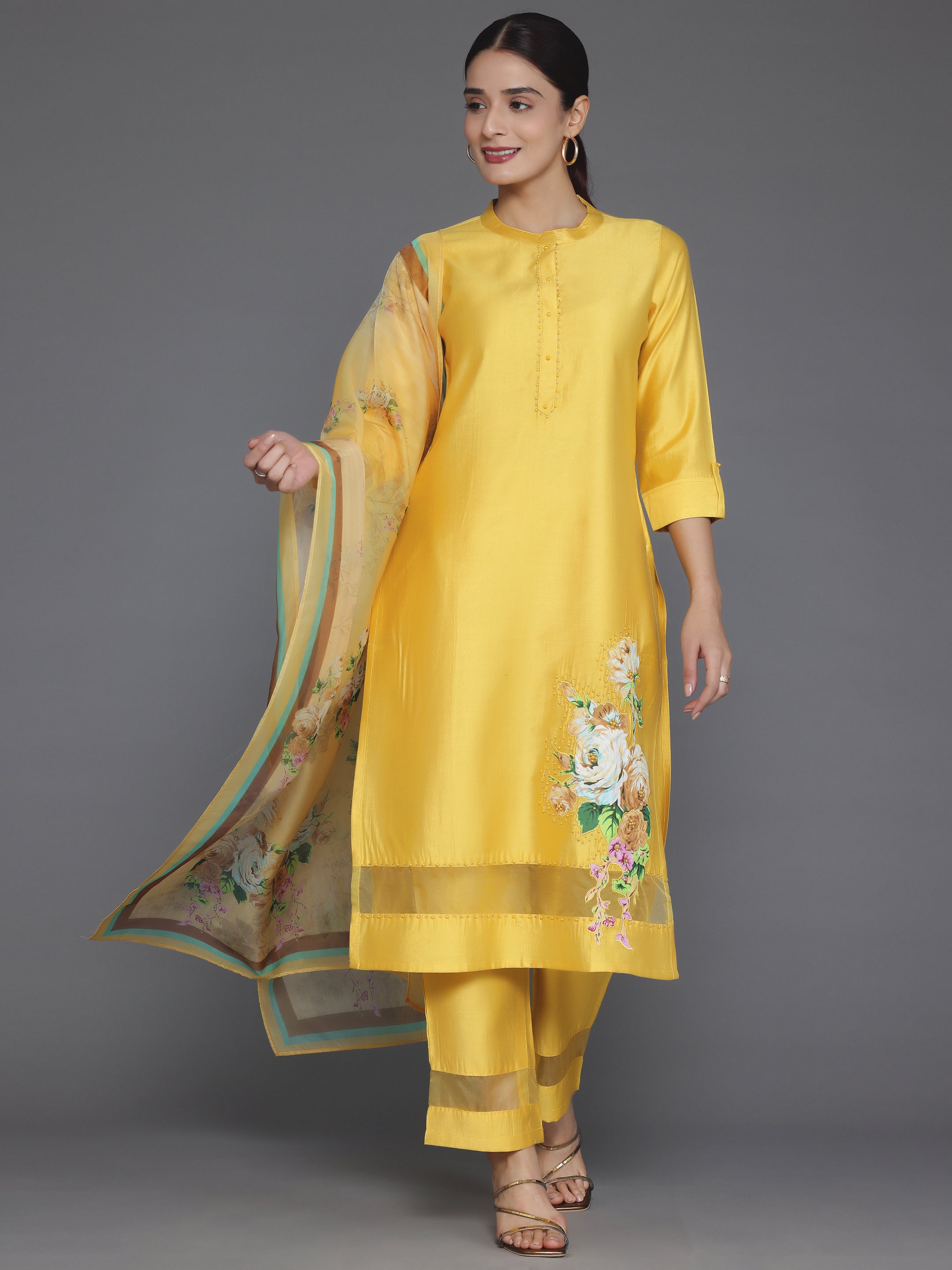 Mustard Self Design Silk Blend Straight Suit With Dupatta