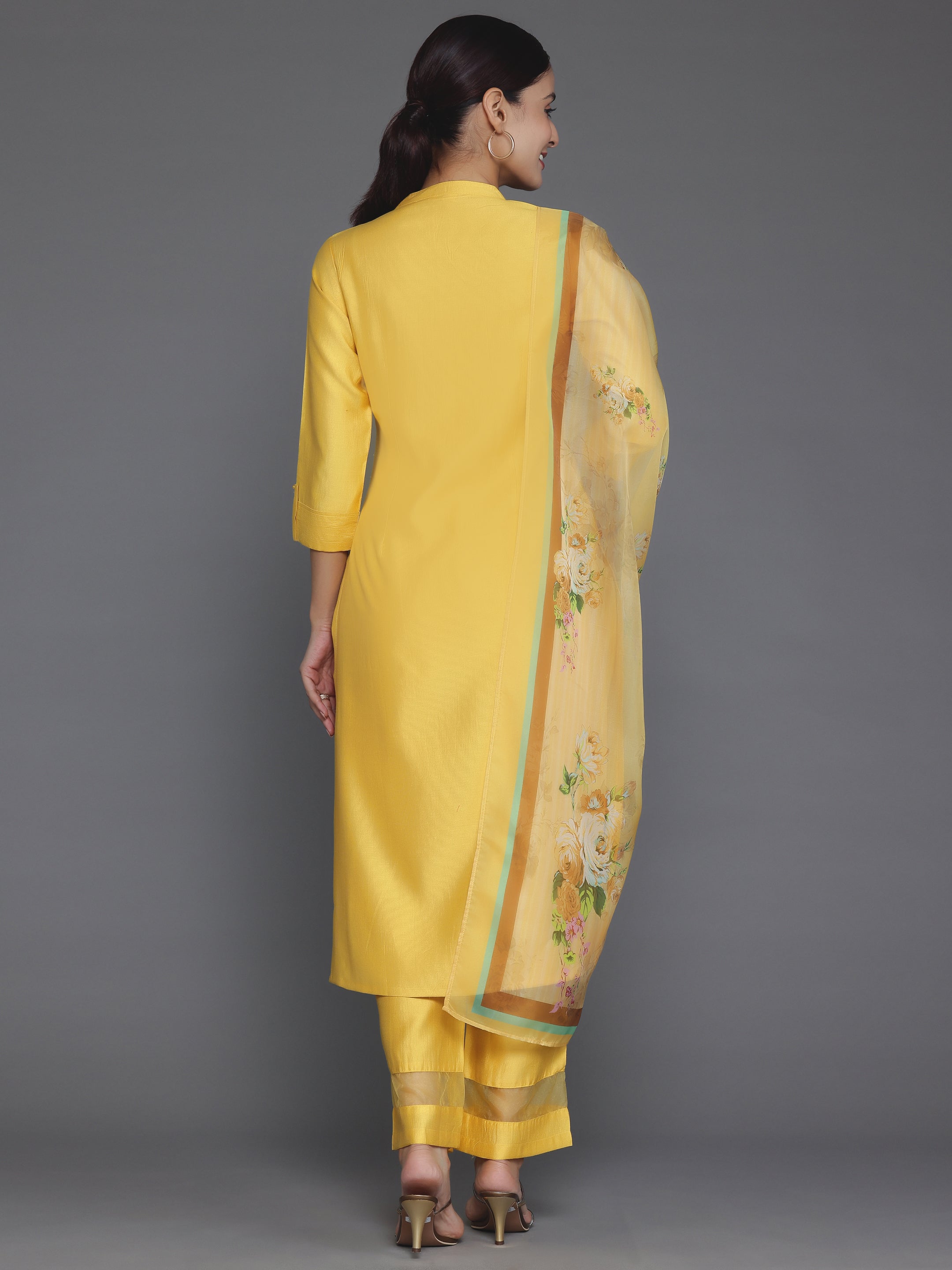 Mustard Self Design Silk Blend Straight Suit With Dupatta