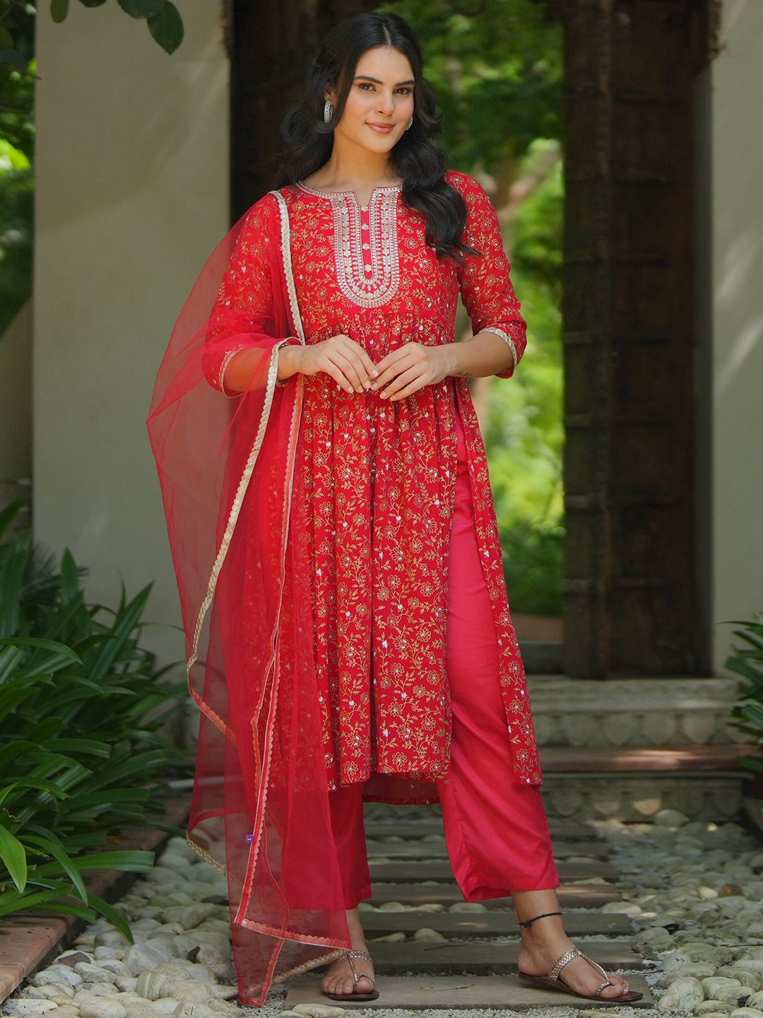 Red Printed Georgette A-Line Kurta With Trousers & Dupatta