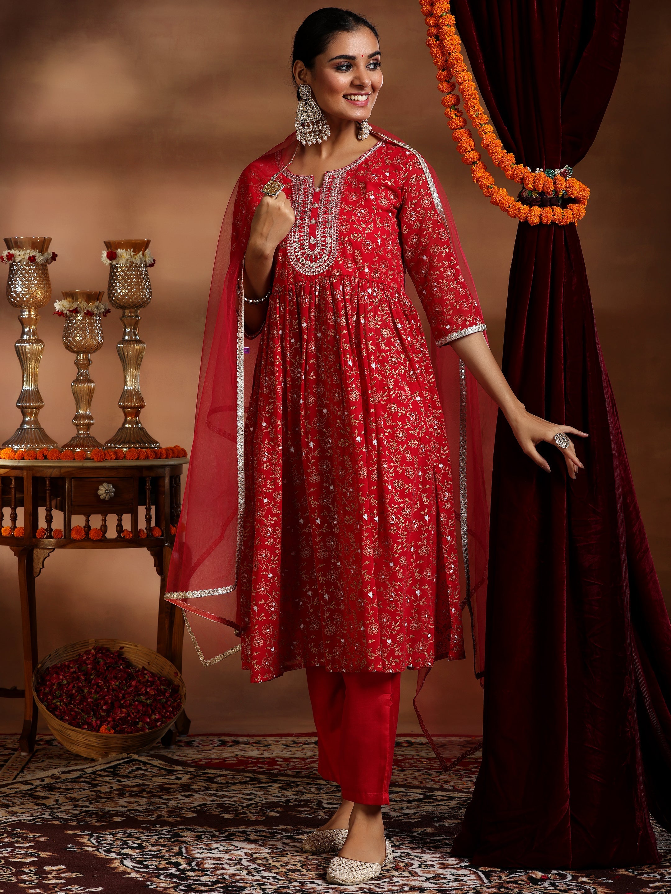 Red Printed Georgette A-Line Kurta With Trousers & Dupatta