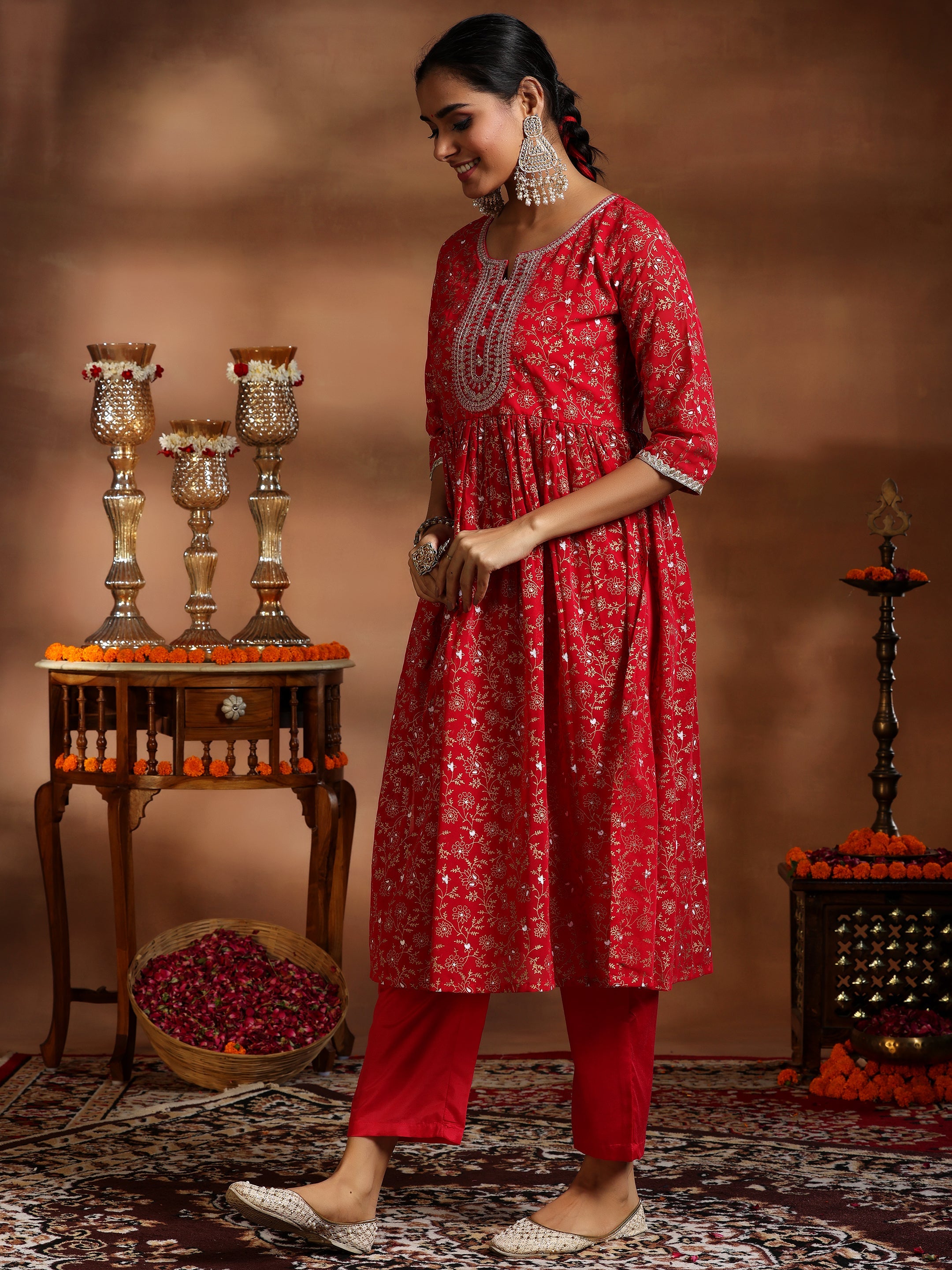 Red Printed Georgette A-Line Kurta With Trousers & Dupatta