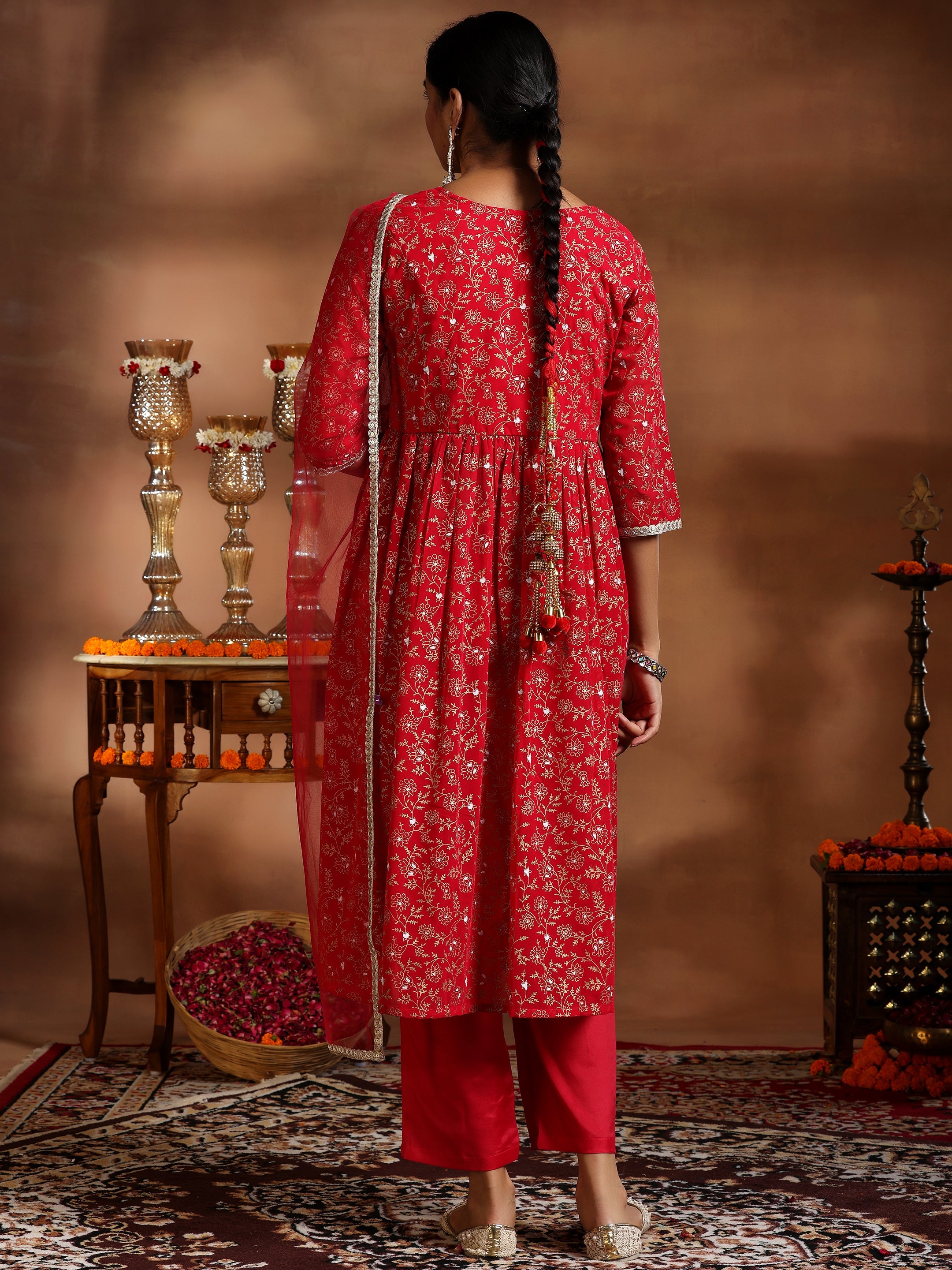 Red Printed Georgette A-Line Kurta With Trousers & Dupatta