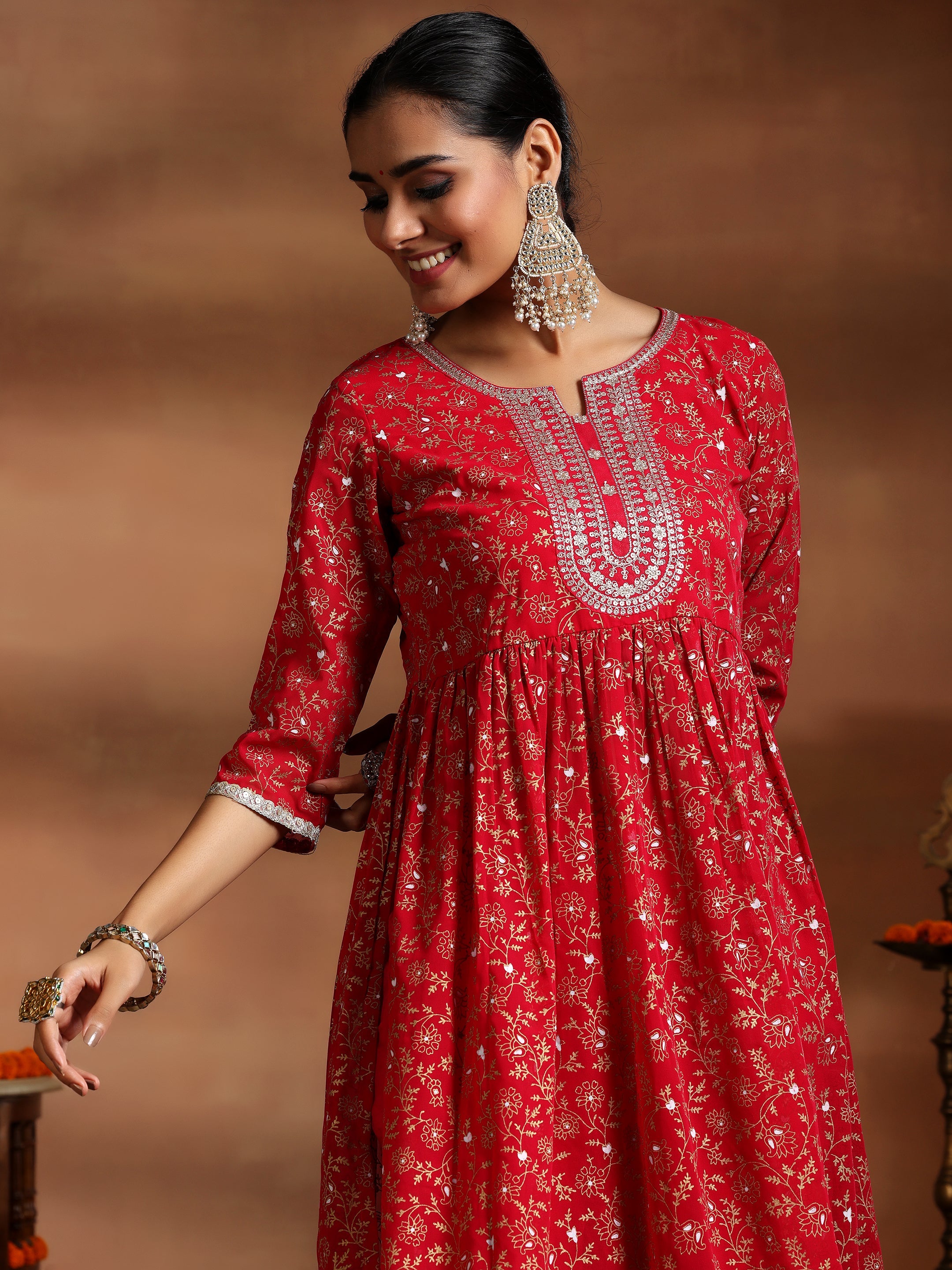 Red Printed Georgette A-Line Kurta With Trousers & Dupatta