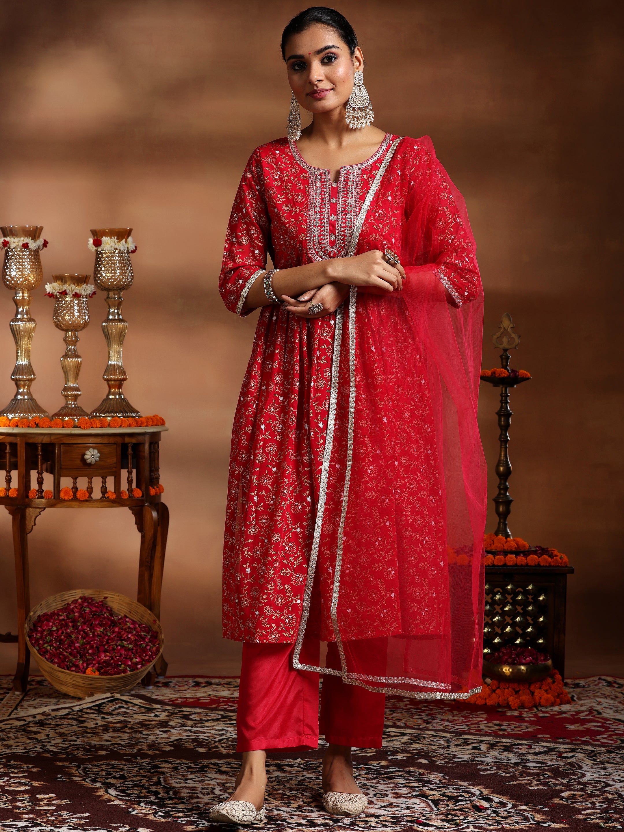 Red Printed Georgette A-Line Kurta With Trousers & Dupatta