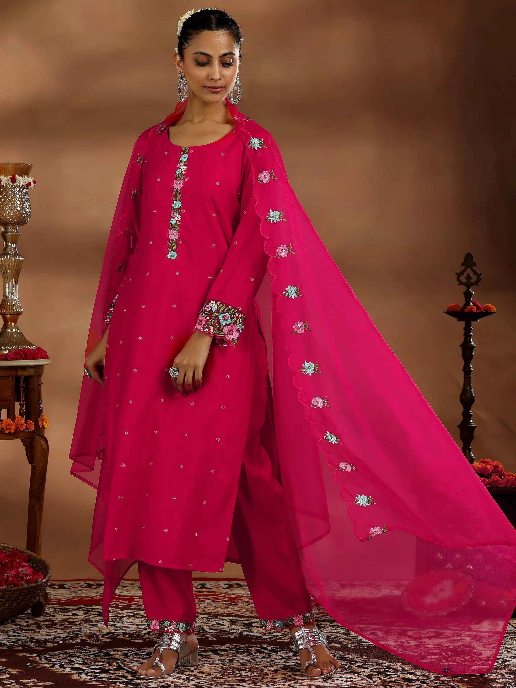 Red Embroidered Silk Blend Straight Suit With Dupatta