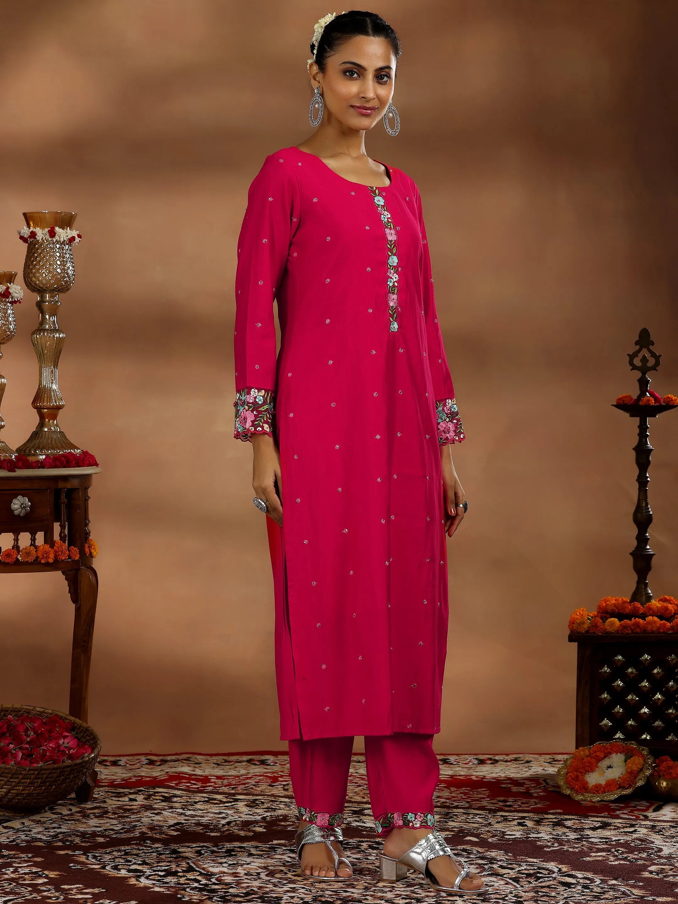 Red Embroidered Silk Blend Straight Suit With Dupatta