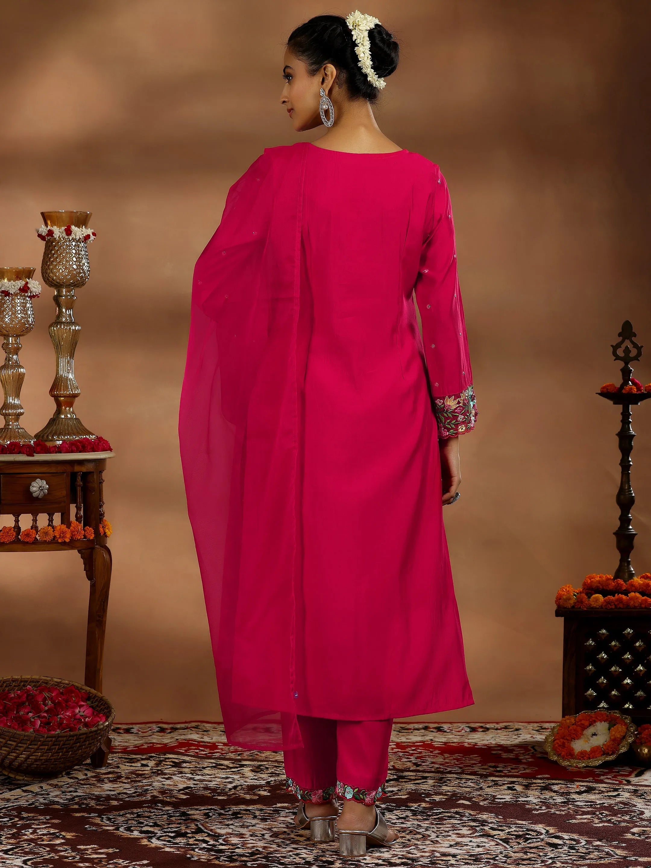 Red Embroidered Silk Blend Straight Suit With Dupatta