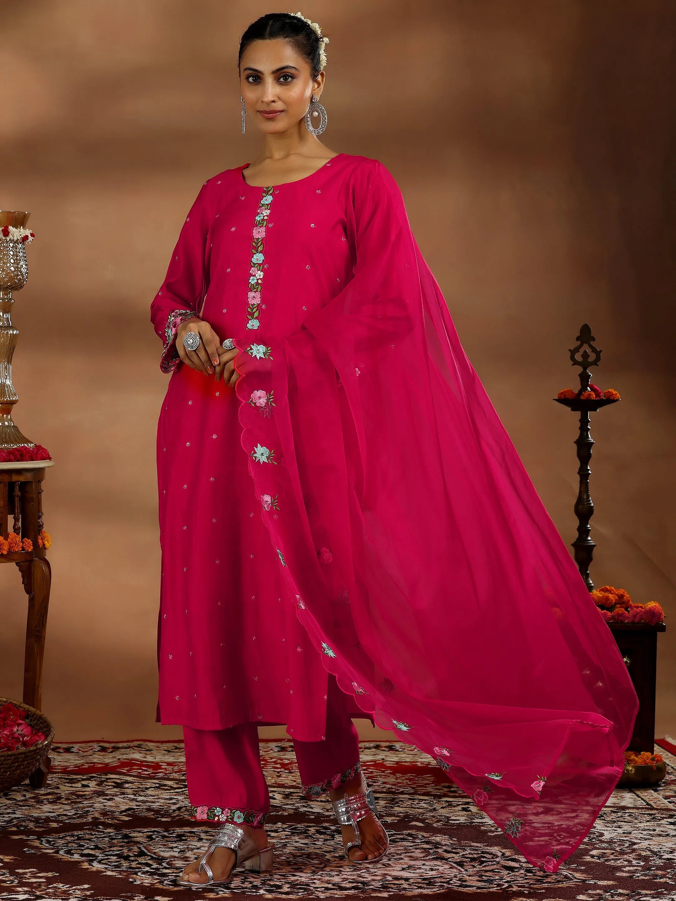 Red Embroidered Silk Blend Straight Suit With Dupatta