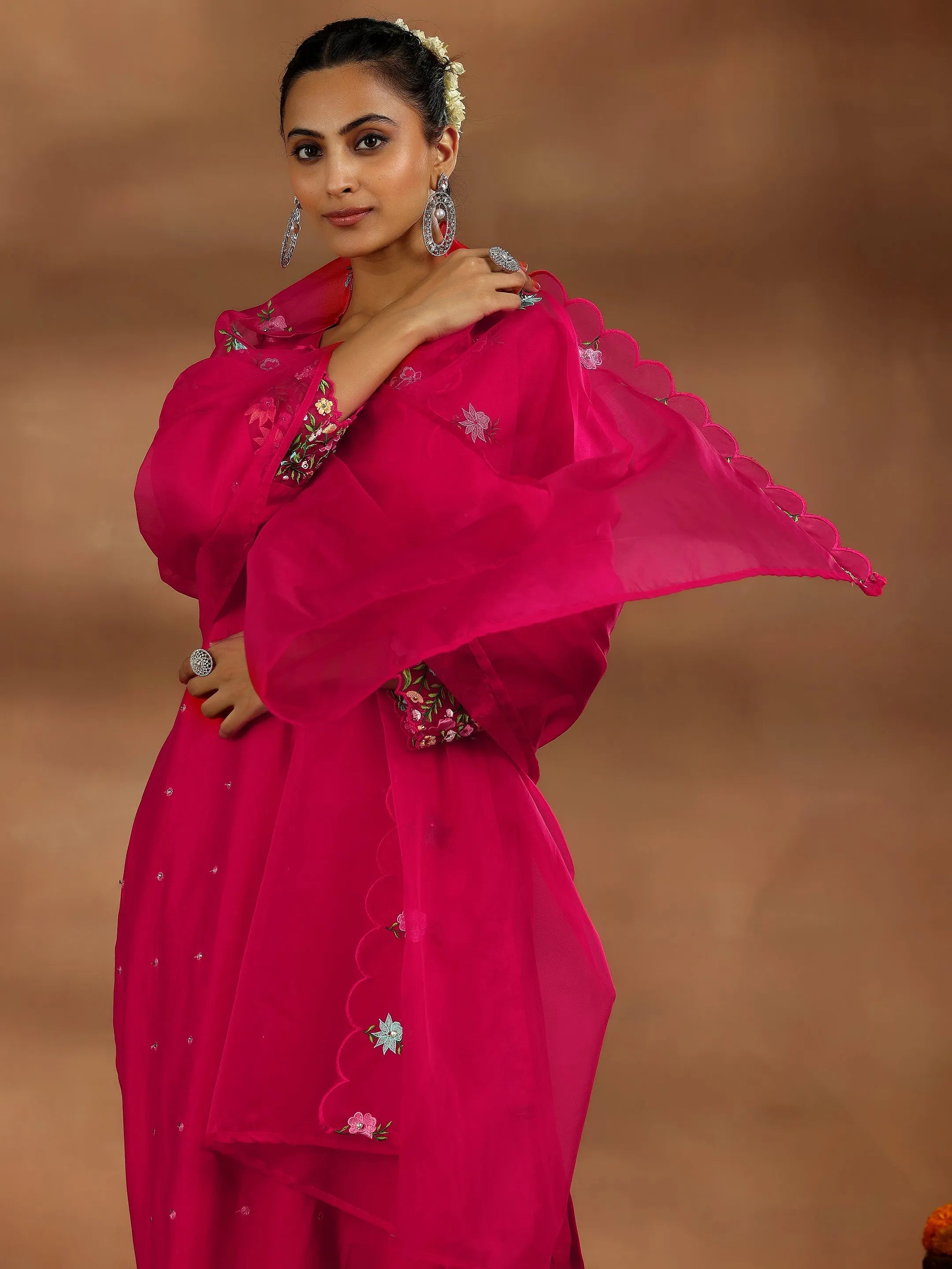 Red Embroidered Silk Blend Straight Suit With Dupatta